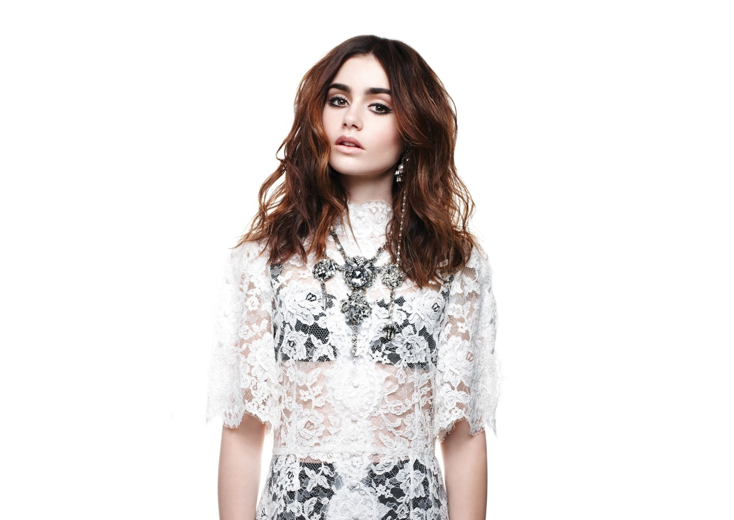 teenager, brunette, 1080P, women, front view, cut out, fashion, young adult, portrait, s, lace, Lily Collins, white, girl, actress, casual clothing, young women, HD Wallpaper