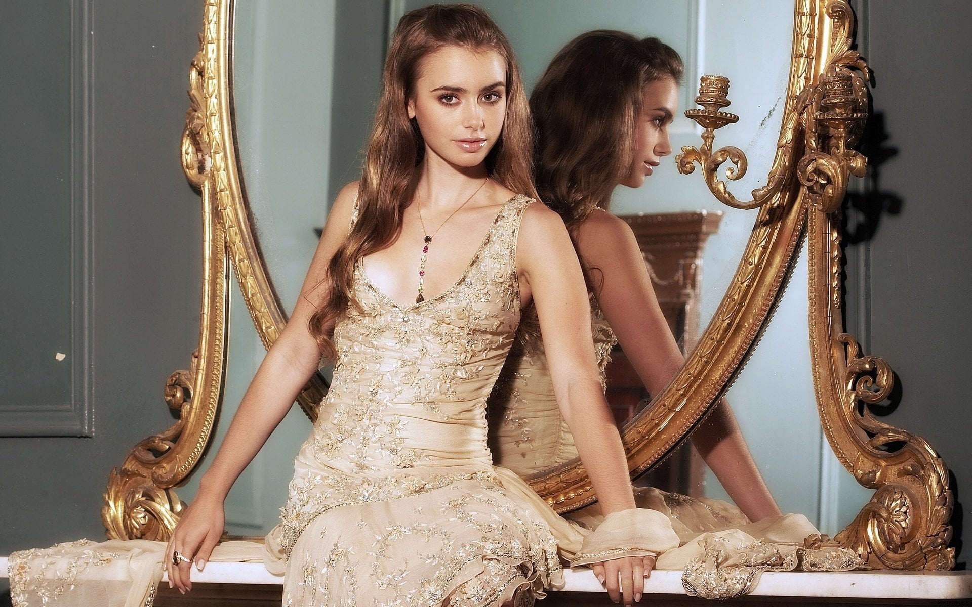 beauty, brown hair, luxury, dress, three quarter length, Lily Collins, indoors, standing, fashion, adult, mirror, young adult, floral, Actresses, two people, HD Wallpaper