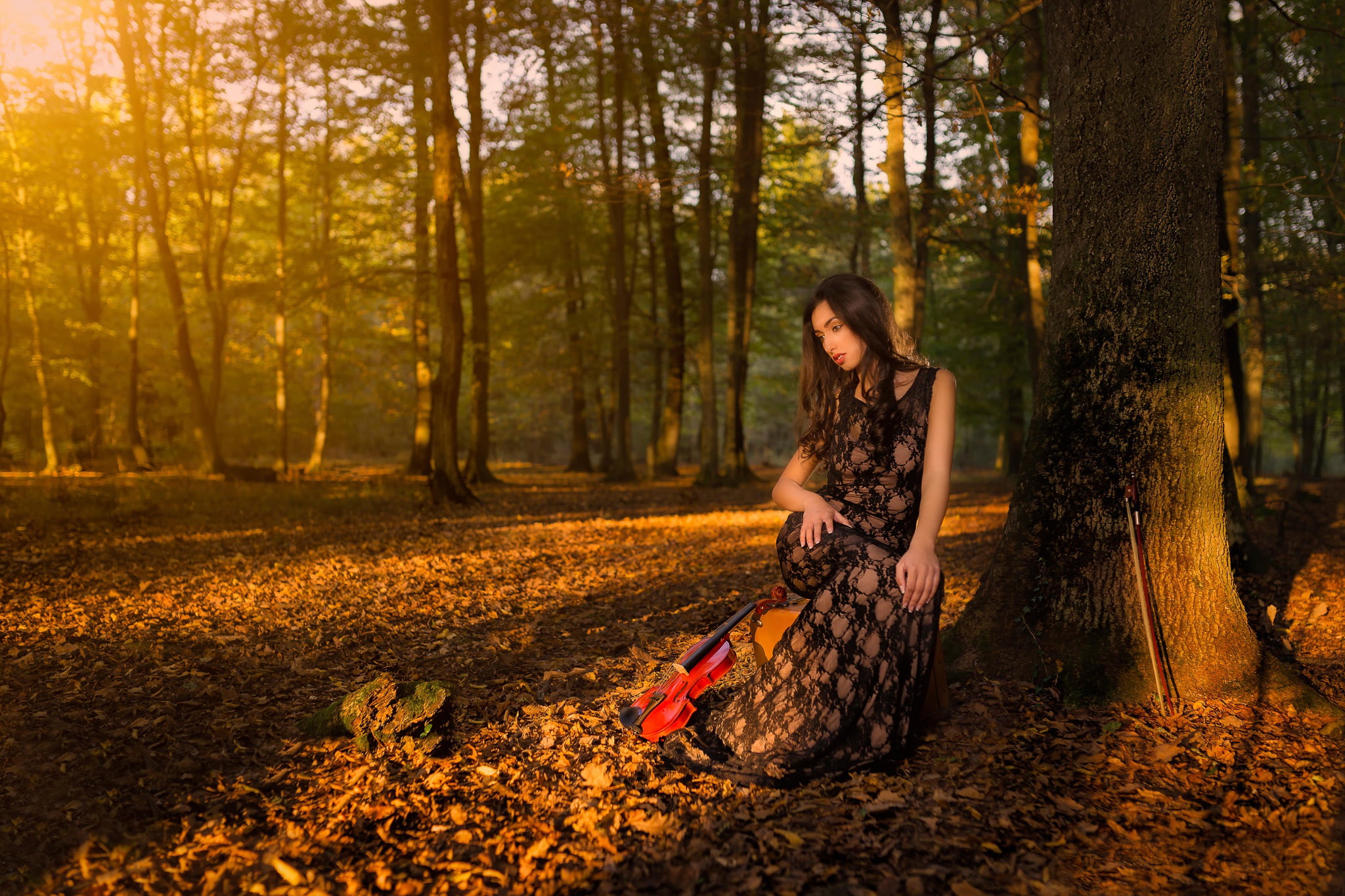 women, tank, autumn, hairstyle, plant, violin, s, summer, smiling, orange Color, people, red, relaxation, cheerful, leaf, green Color, floral, fashion, HD Wallpaper