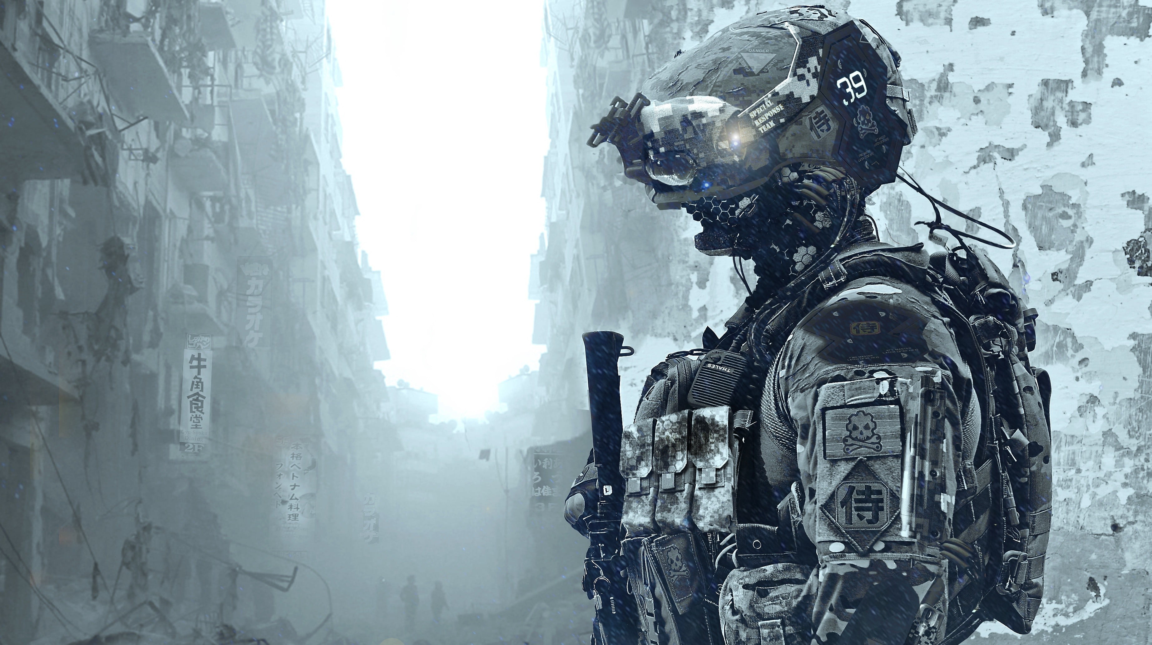 2K, built structure, holding, creativity, architecture, illustration, tactical, city, art and craft, artwork, rifle, statue, building, nature, soldier, HD Wallpaper