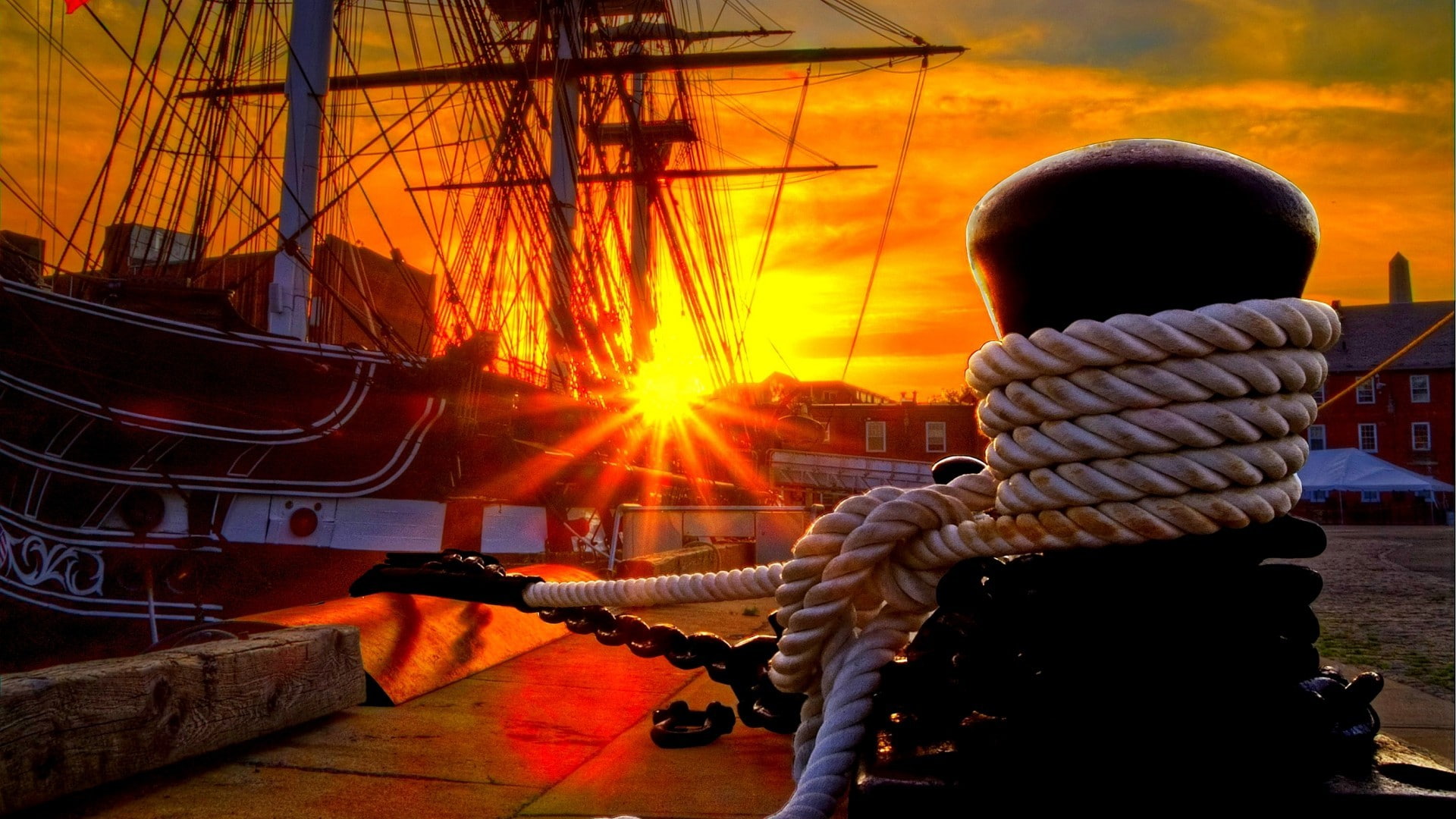 holding, shipyard, sunbeam, close-up, sailing ship, outdoors, harbor, sunset, clothing, sky, HDR, ropes, 1080P, technology, building, sunlight, clouds, HD Wallpaper