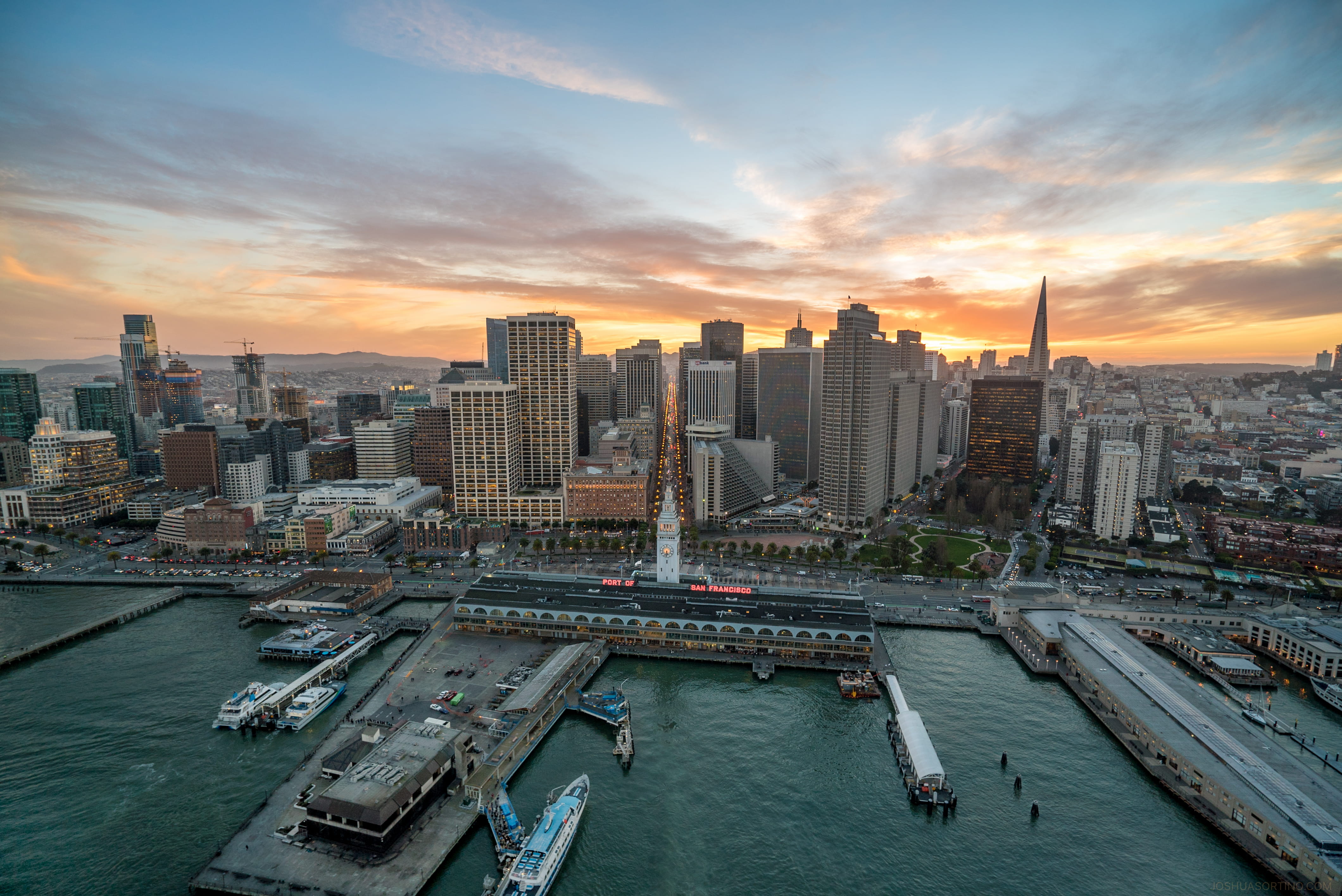 pier, office building exterior, vehicle, vessel, building, city, sunset, urban, modern, urban skyline, metropolis, skyscraper, no people, water, sky, daytime, HD Wallpaper