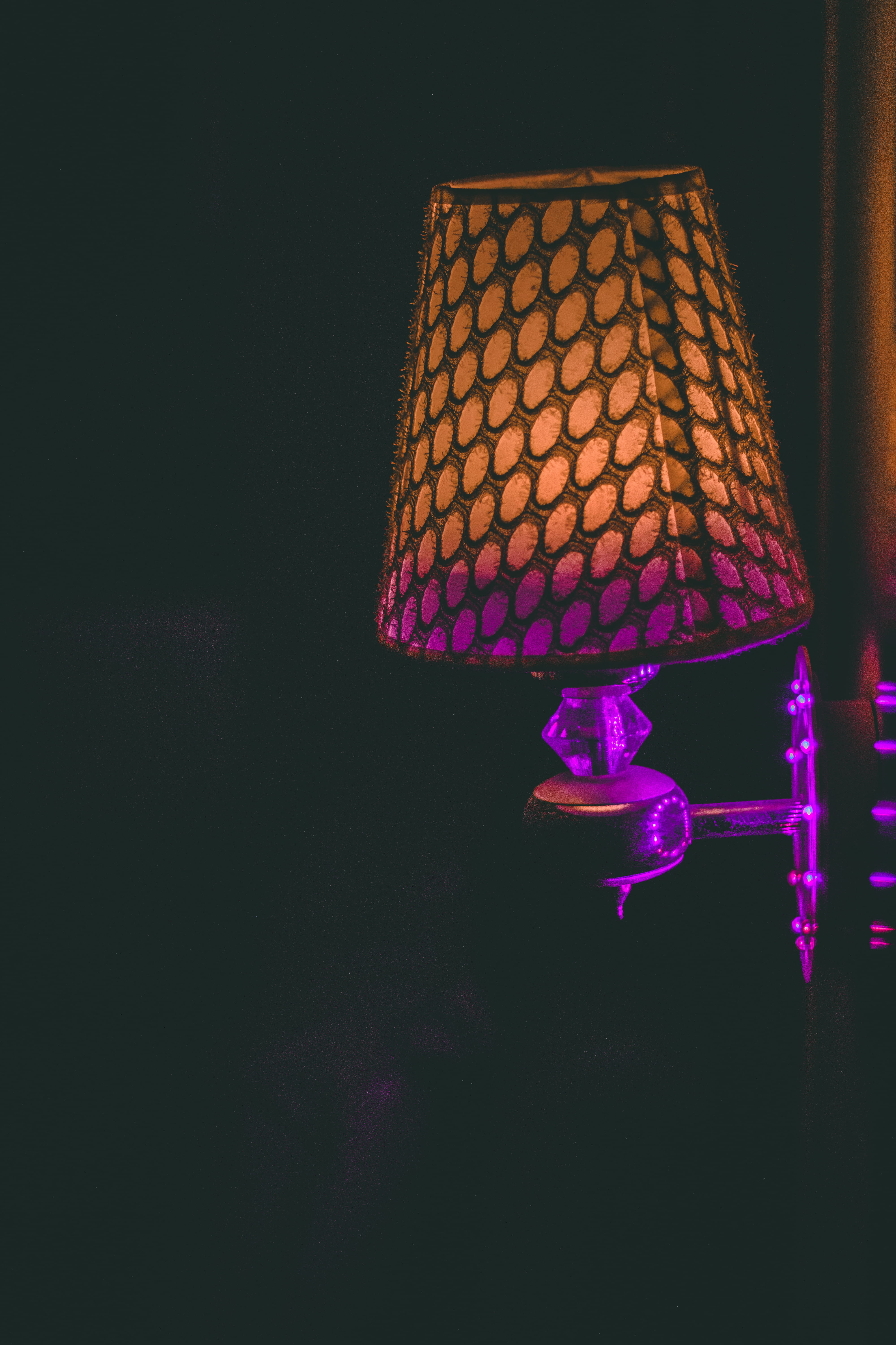 illuminated, glowing, dark, purple, lantern, darkroom, sconce, electric lamp, retro, close-up, 5K, hanging, architecture, copy space, electric light, no people, Phone HD Wallpaper