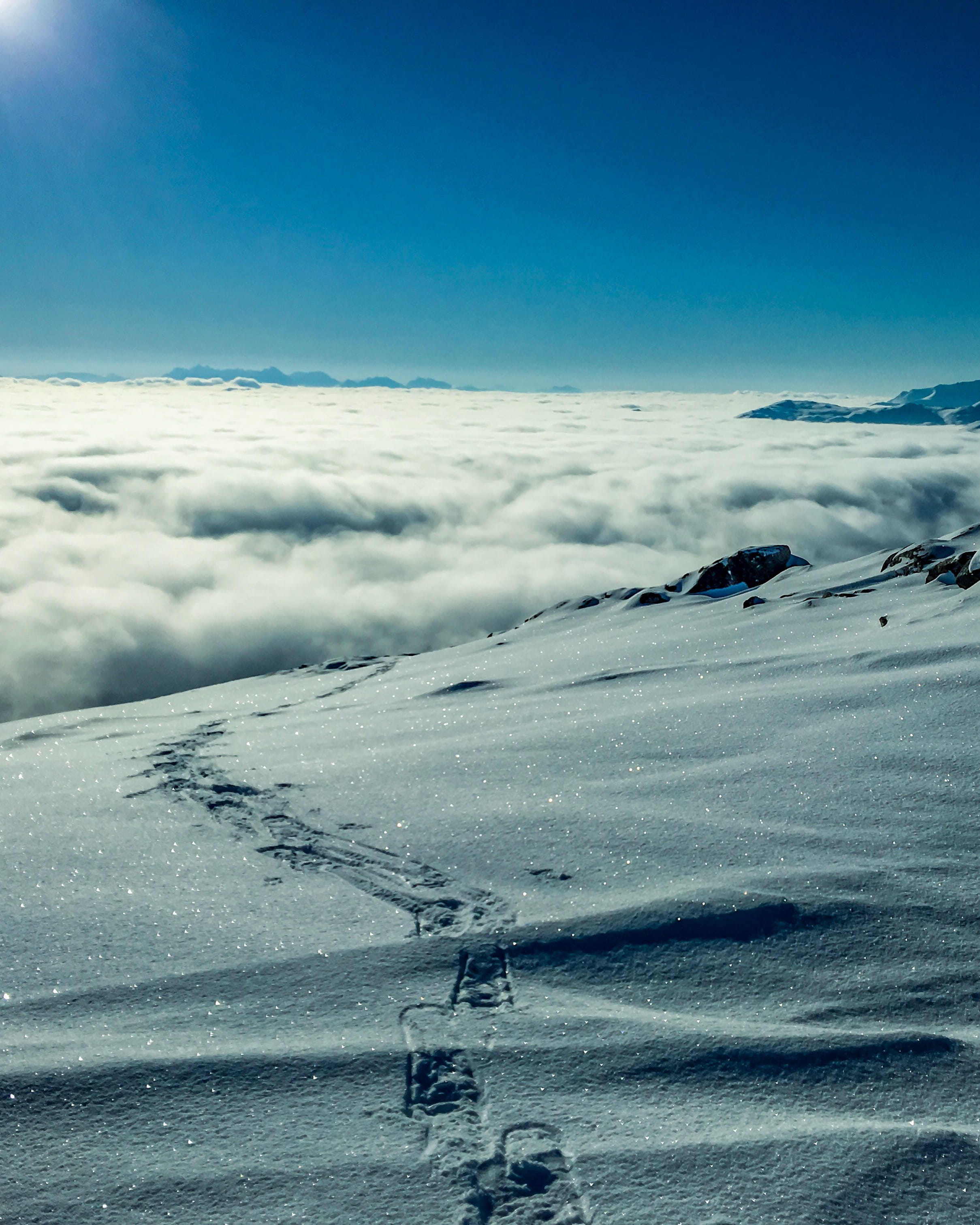 outdoors, white color, tranquility, blue, nature, cool, clouds, footprints, environment, day, snowcapped mountain, snow, mobile, cloud - sky, Phone HD Wallpaper