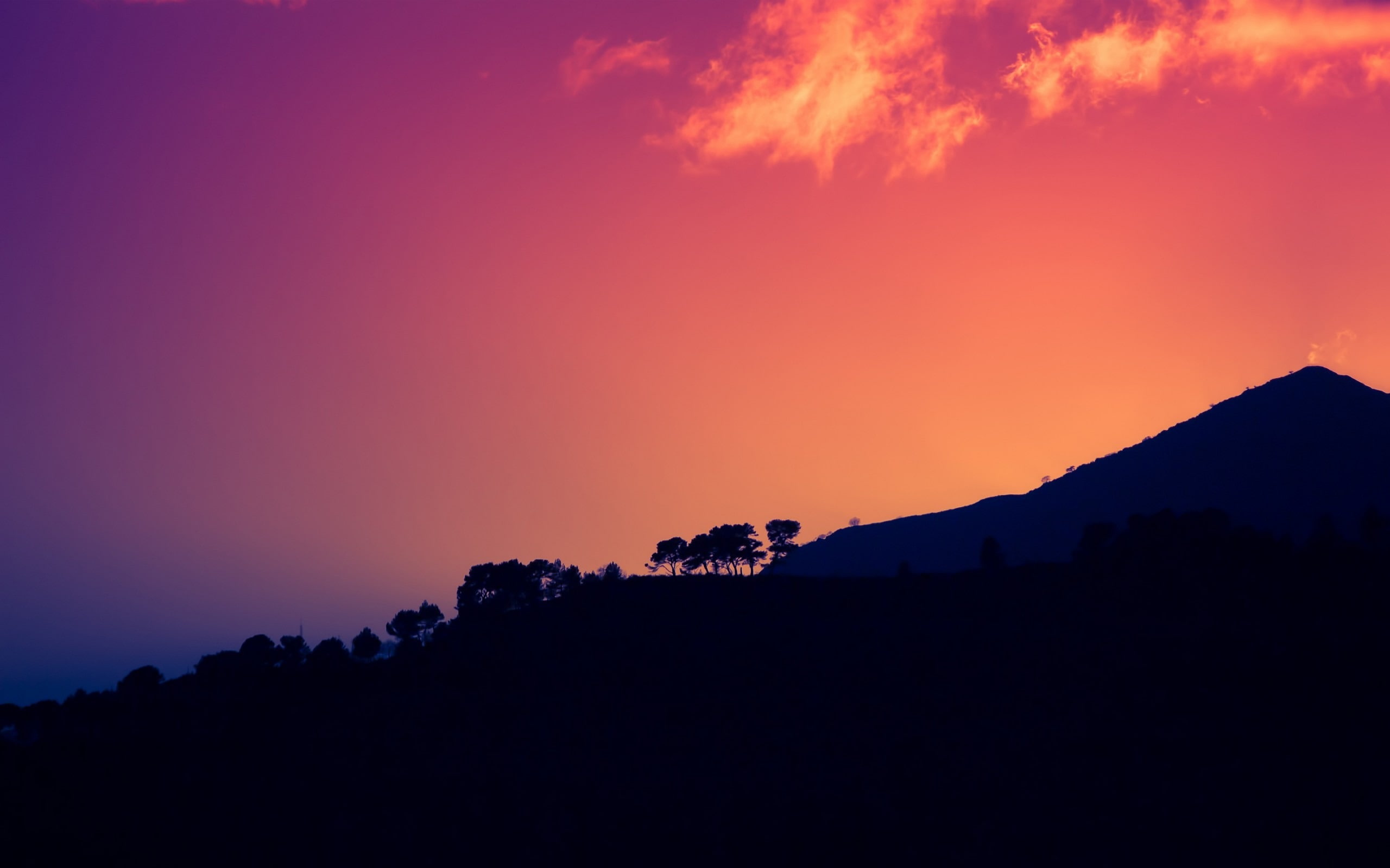 copy space, landscape, sky, orange color, idyllic, cloud - sky, mountain, tranquility, romantic sky, 2K, environment, silhouette, outdoors, HD Wallpaper