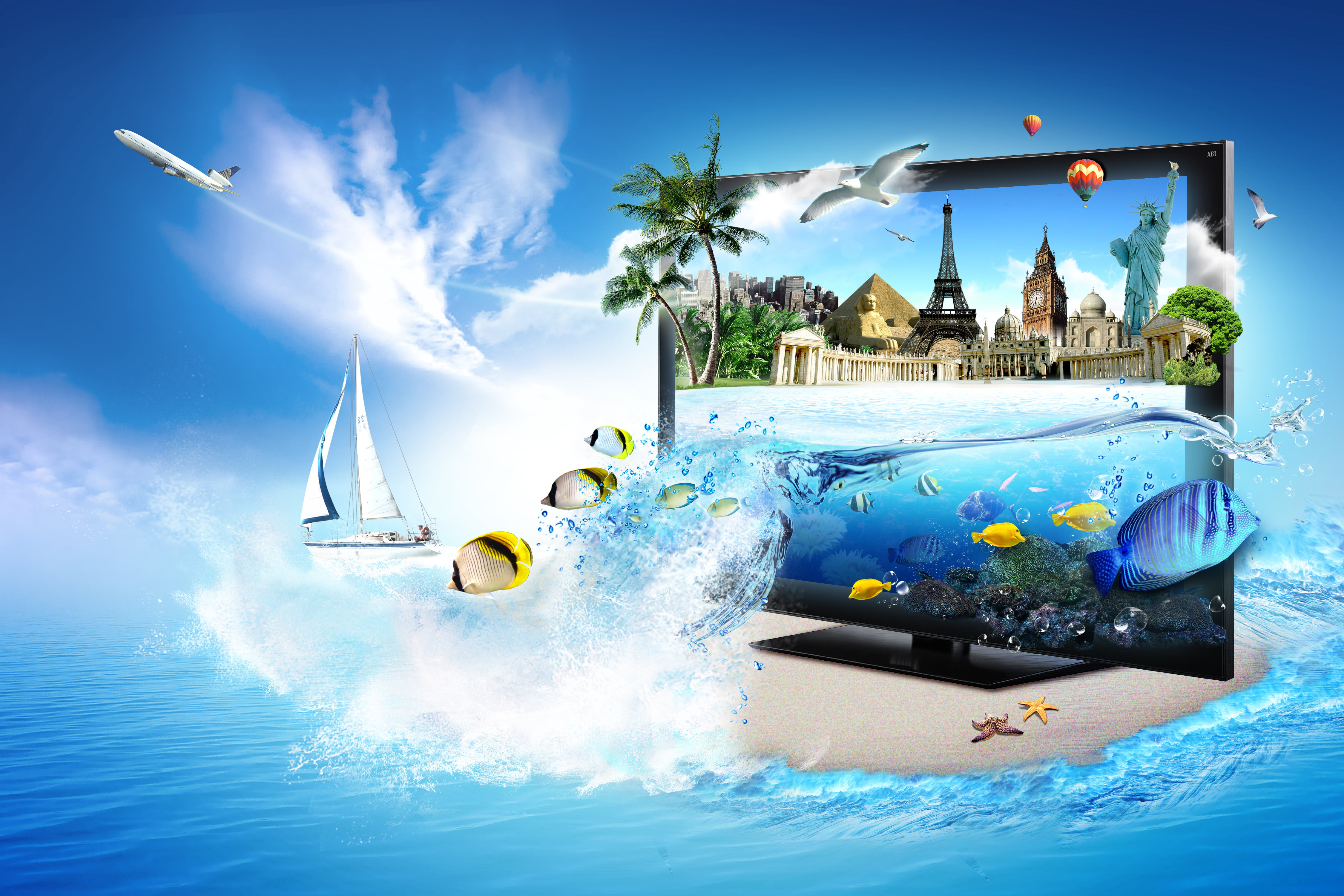 city, sky, tree, palm trees, famous Place, urban Skyline, Big Ben, building Exterior, monitor, tropical climate, travel Destinations, floating on water, HD Wallpaper