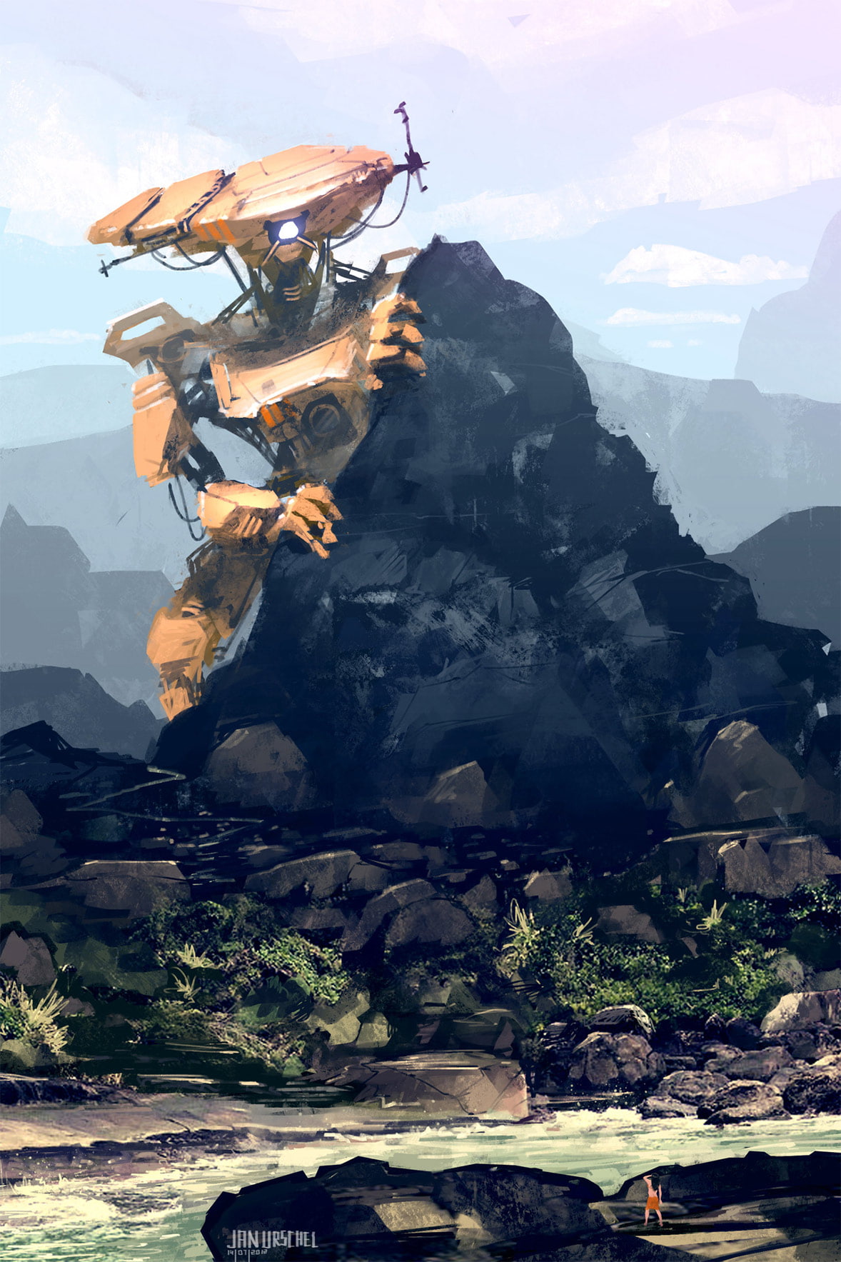 fantasy art, futuristic, women, drawing, plants, giant, digital art, 720P, Jan Urschel, portrait display, stones, rock, robot, Phone HD Wallpaper