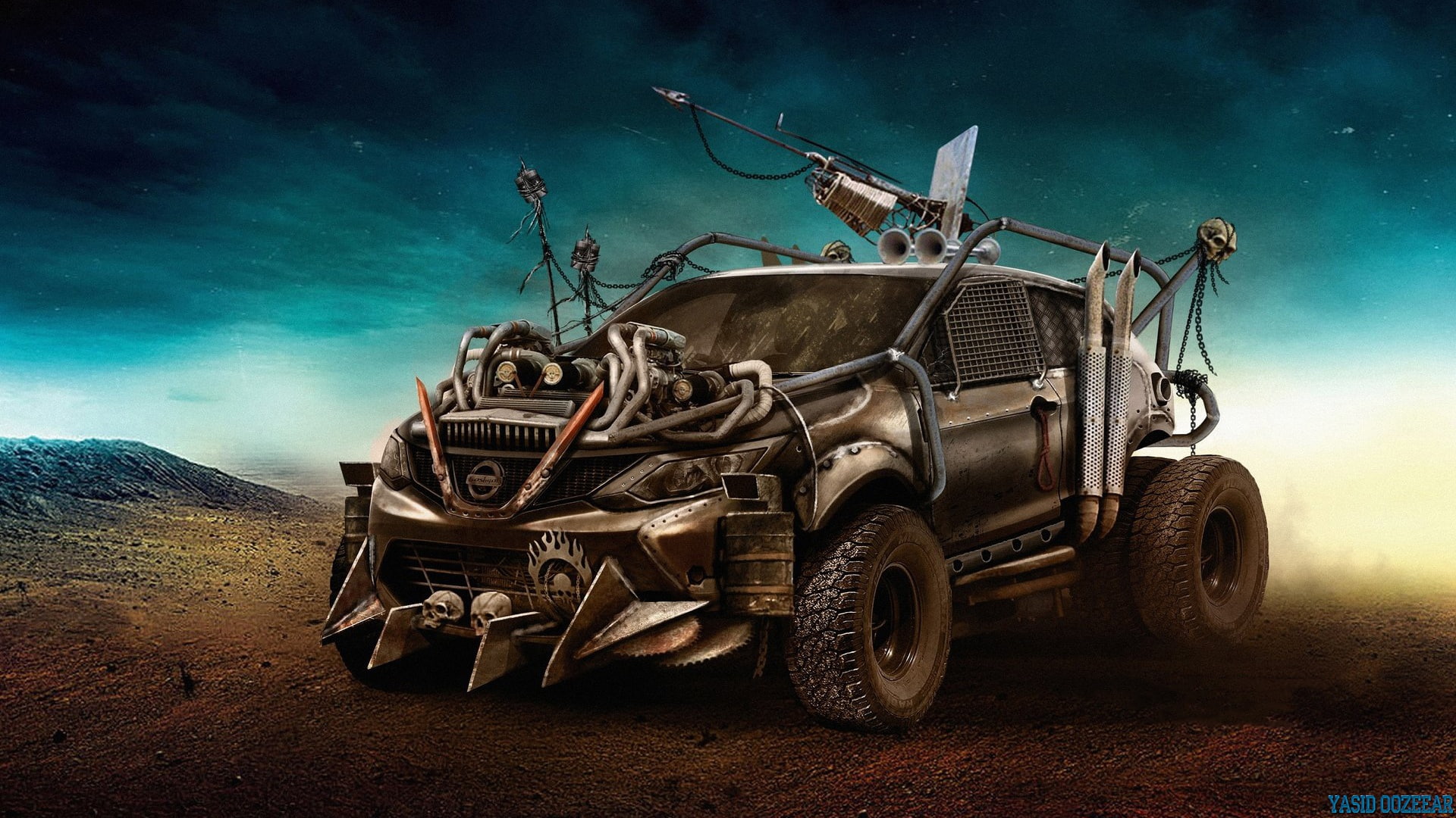Nissan Qashqai, Spears, 1080P, Harpoon, Art, Mad MaX, Auto, Figure, Qashqai, Yasid Oozeear, Machine, Rendering, Nissan, Chain, HD Wallpaper