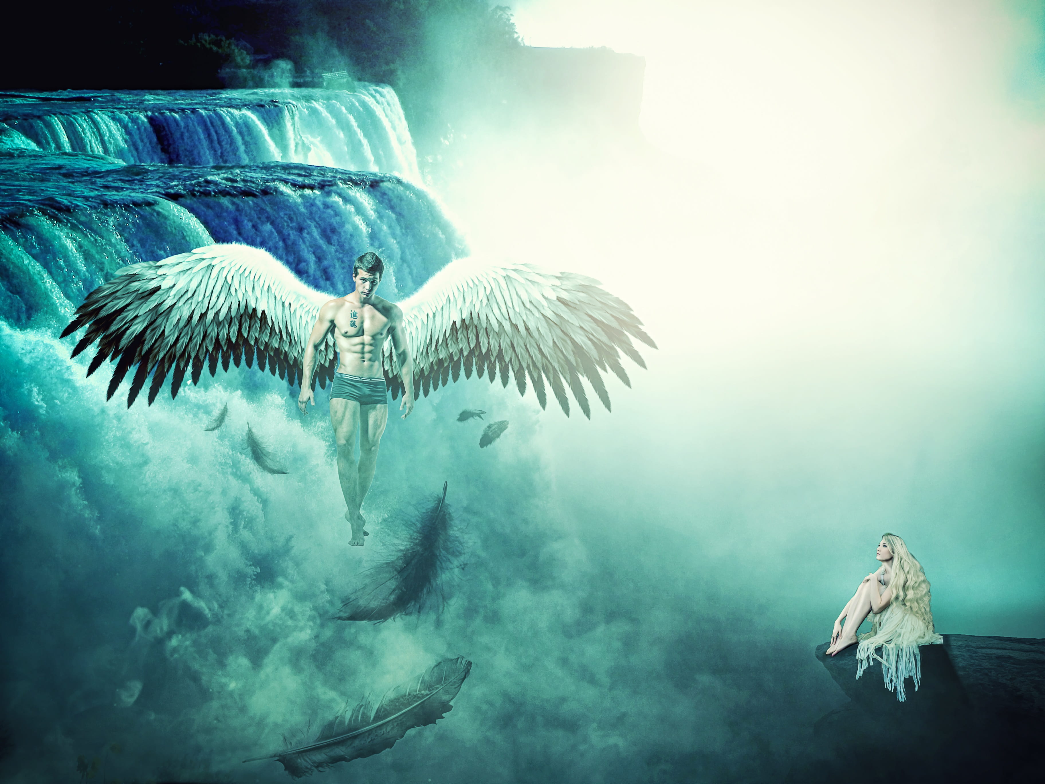 waterfalls, sitting, group of animals, wings, devil wings, women, 2K, wating, fantasy, flying, formation, nature, alone girl, undersea, looking, people, HD Wallpaper