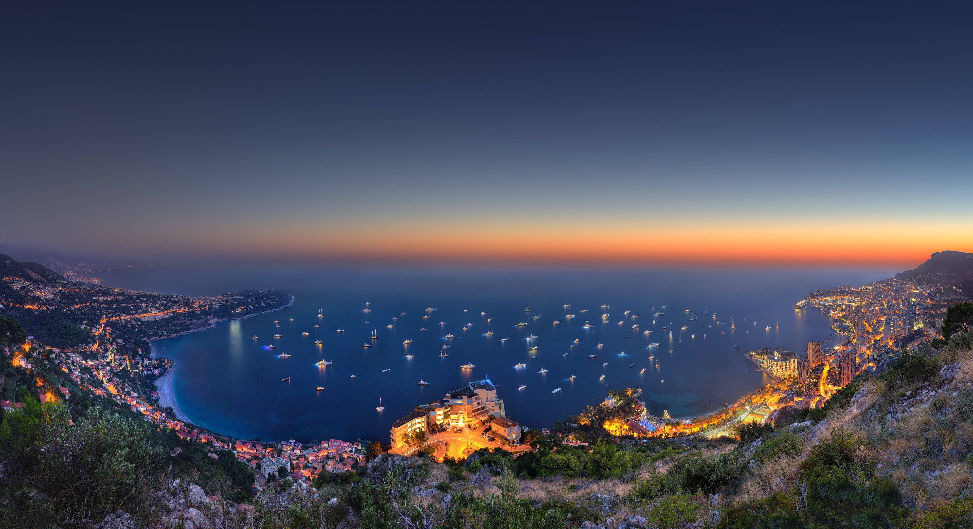 summer, scenics, sunrise - Dawn, building, building exterior, cityscape, 2K, city, high angle view, no people, sky, rock - Object, twilight, blue, vacations, HD Wallpaper