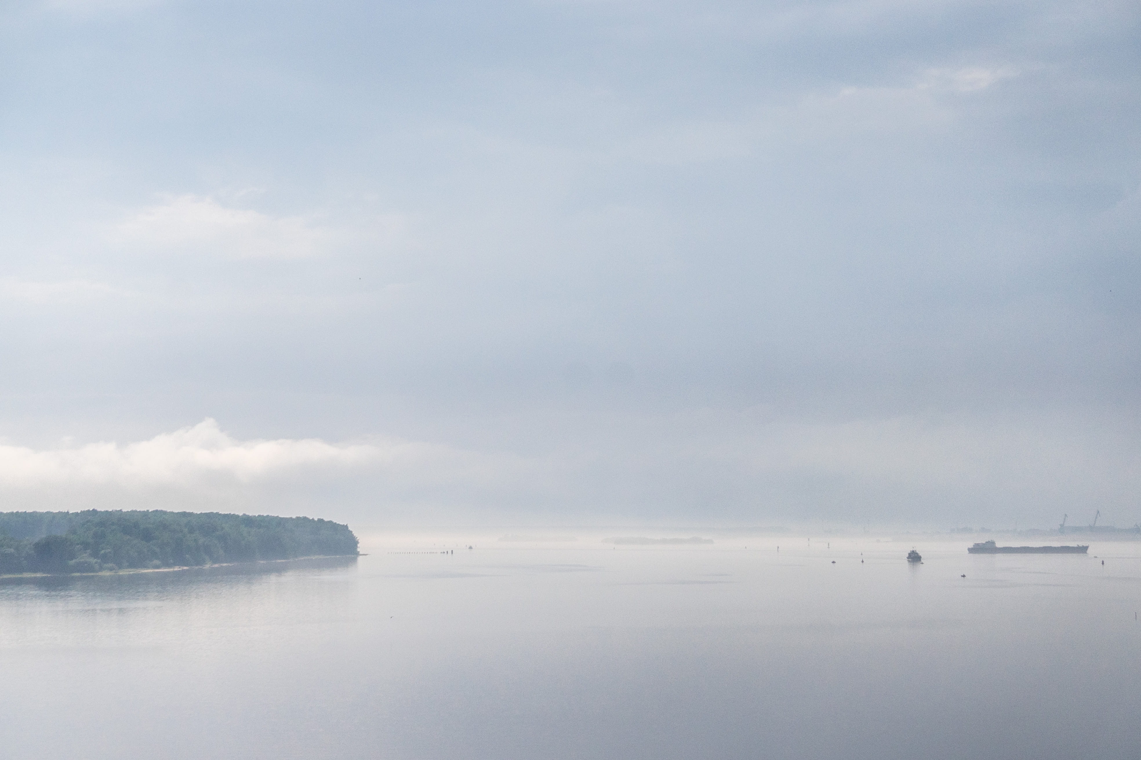 tranquil scene, sea, morning, scenics - nature, sky, fog, idyllic, water, russia, sunset, cloud, trees, boat, no people, wood, reflection, ship, cloud - sky, HD Wallpaper