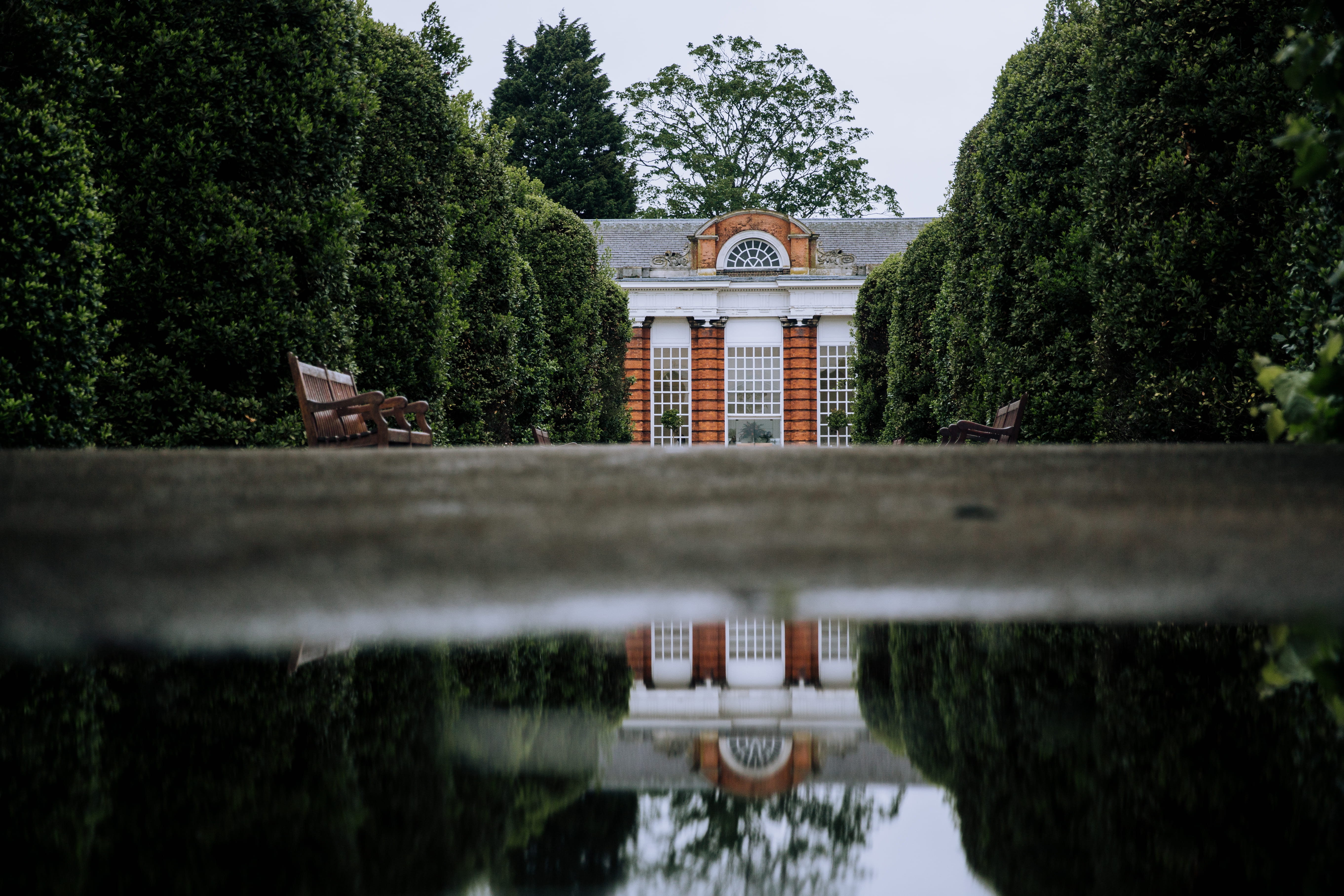 green, plant, green color, concrete, orangery, water, history, england, architecture, painted, trees, focus on background, 5K, home, lake, puddle, house, HD Wallpaper