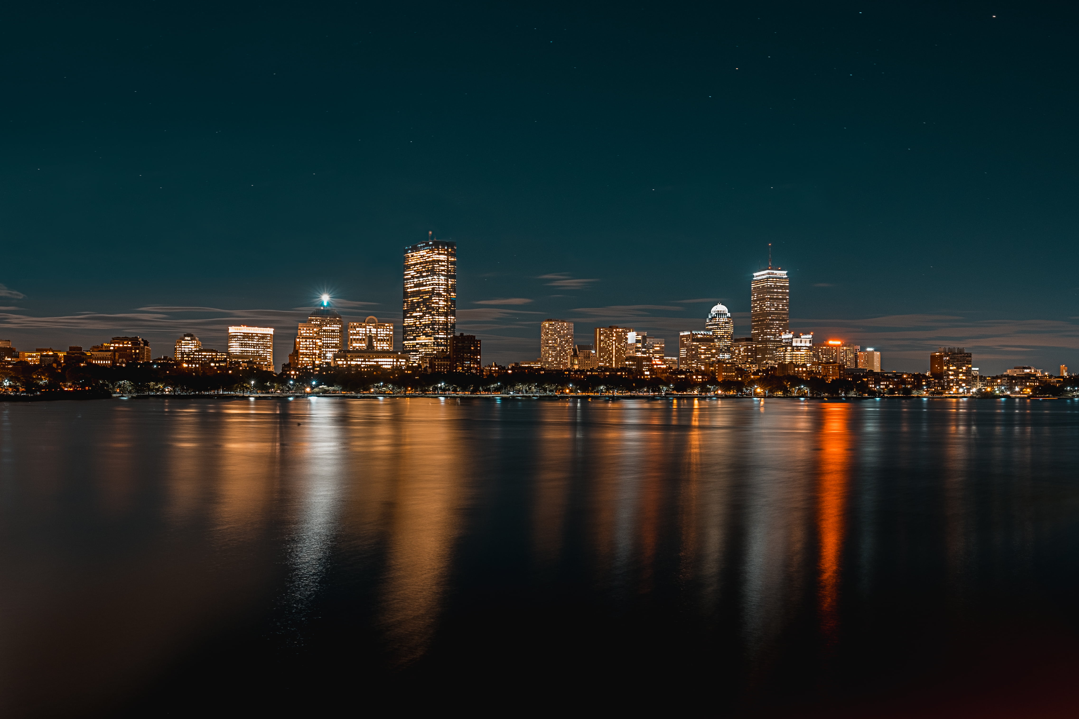 sea, lights, no people, waterfront, building exterior, urban, skyscraper, sky, outdoors, wate, city life, landscape, office building exterior, modern, establishment, HD Wallpaper