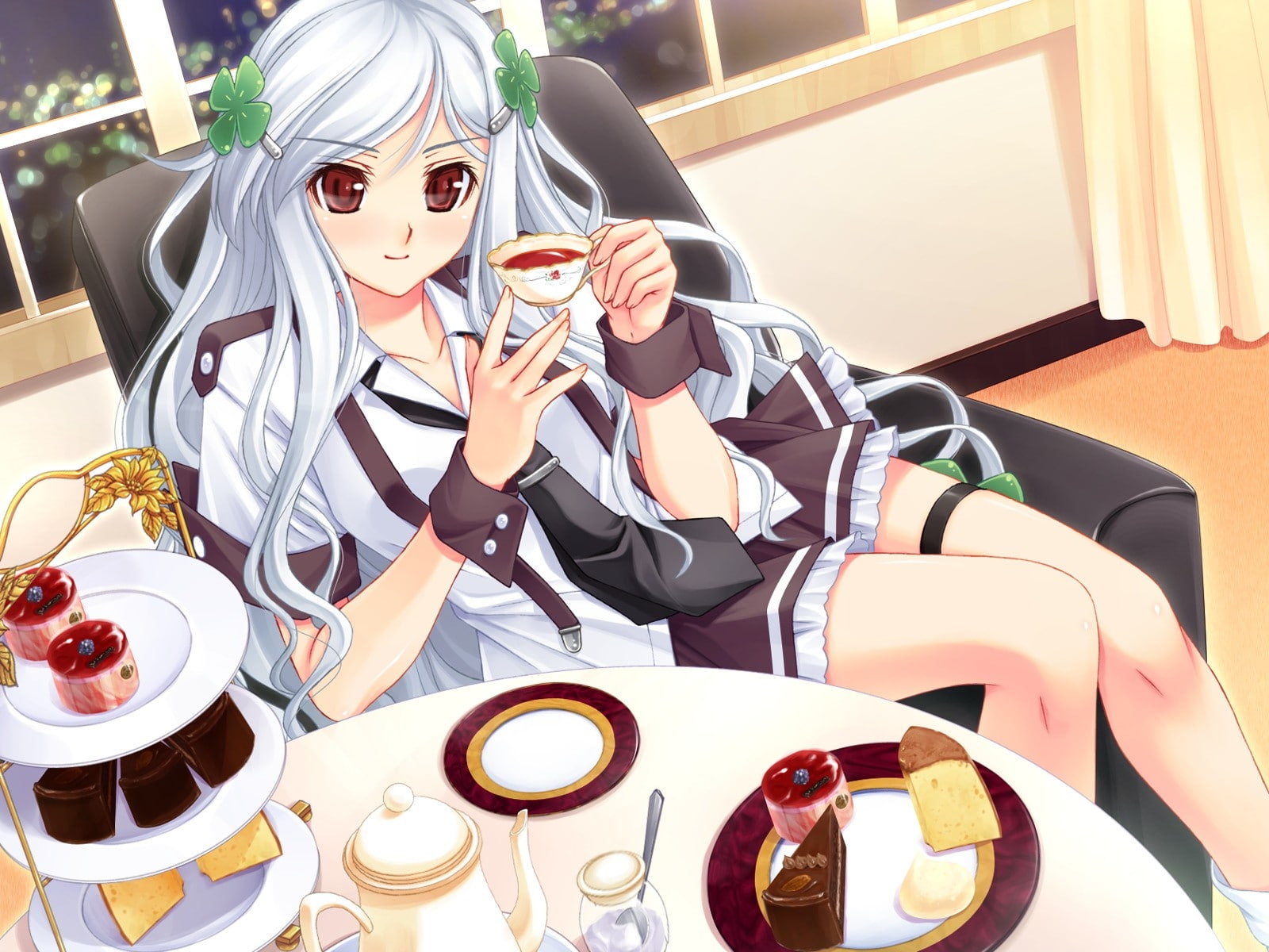 TIE, anime, eyes, saimin, gray hair, cg, food, hair, game, gray, abstract, hd, renai, red, 720P, girls, red eyes, d, art, seifuku, game cg, HD Wallpaper