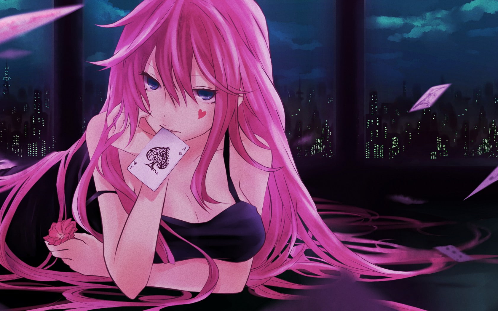 anime girls, cards, Megurine Luka, blue eyes, pink hair, manga, black dress, playing cards, Vocaloid, 720P, anime, HD Wallpaper