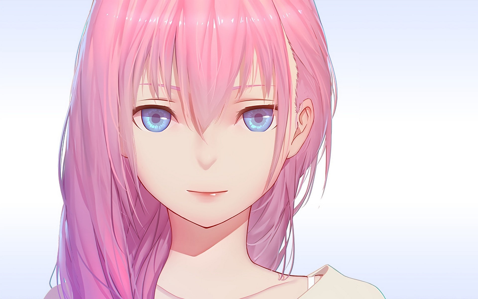 pink color, real people, beautiful woman, close-up, Megurine Luka, pink hair, blue eyes, one person, dyed hair, looking at camera, young adult, simple background, HD Wallpaper