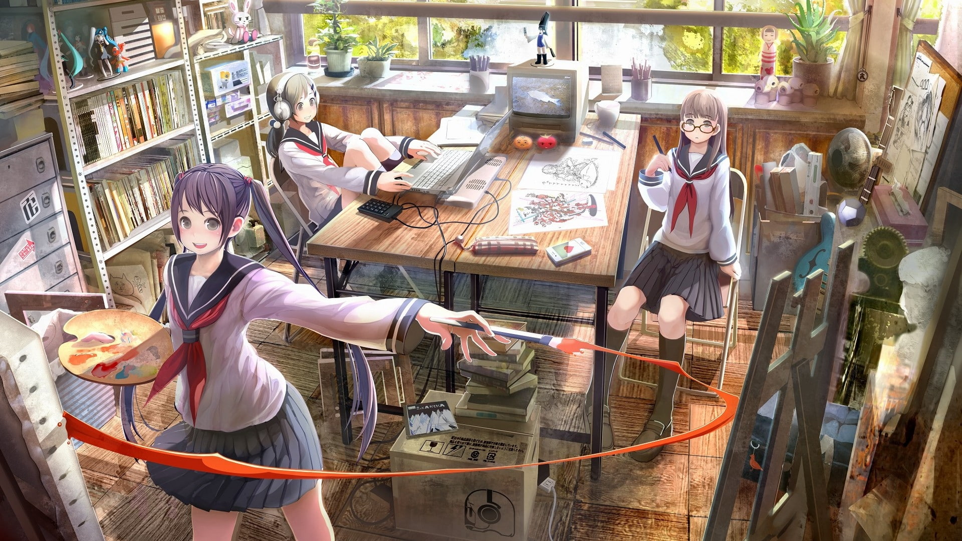 hd, anime, x, w, uniforms, girls, headphones, hot, 1080P, girl, school uniforms, musume, Computers, paint, art, oekaki, drawn, school, HD Wallpaper