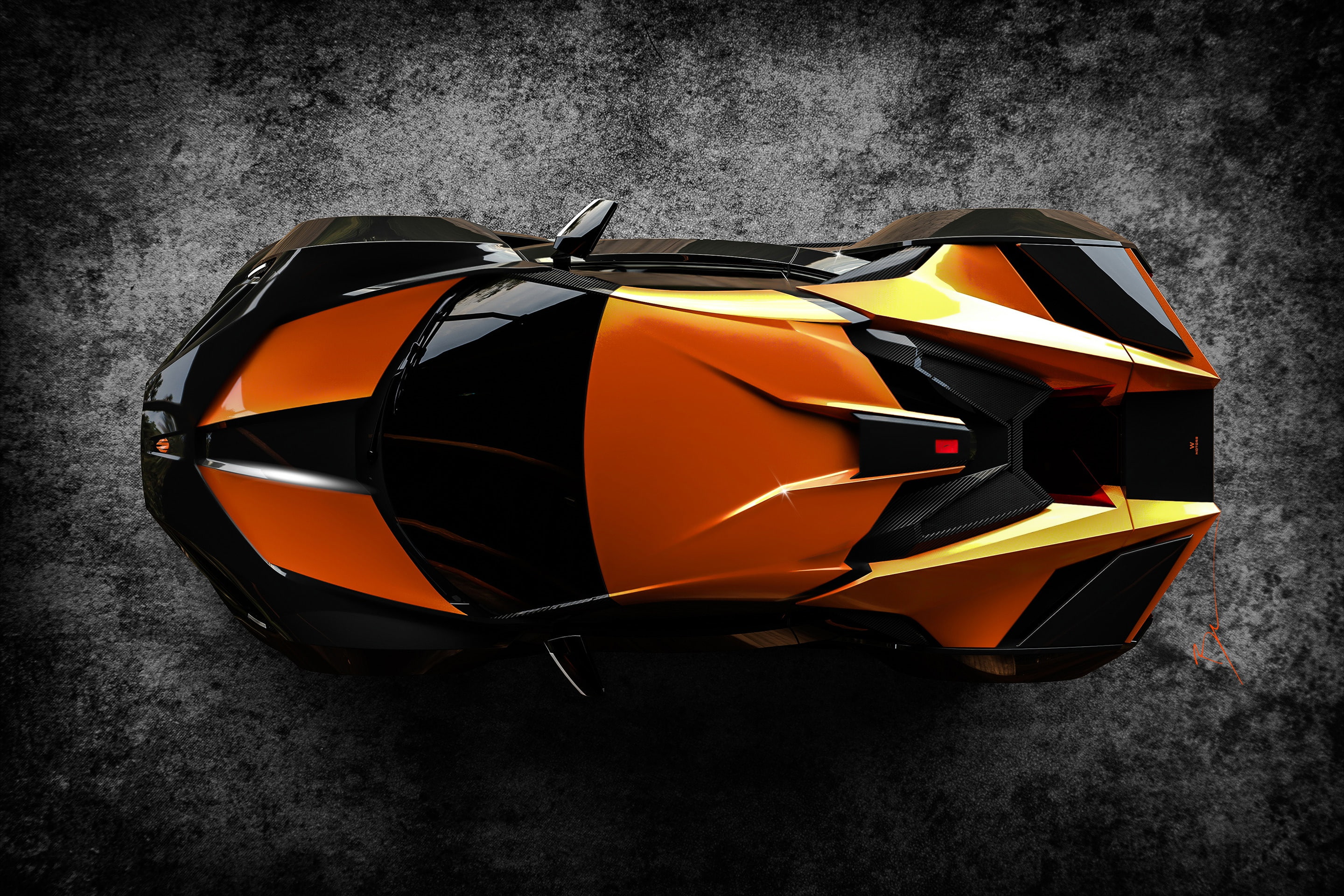 wall - building feature, car, sport, vehicle, black color, orange color, studio shot, Fenyr Supersport, indoors, directly above, textured, transportation, HD Wallpaper