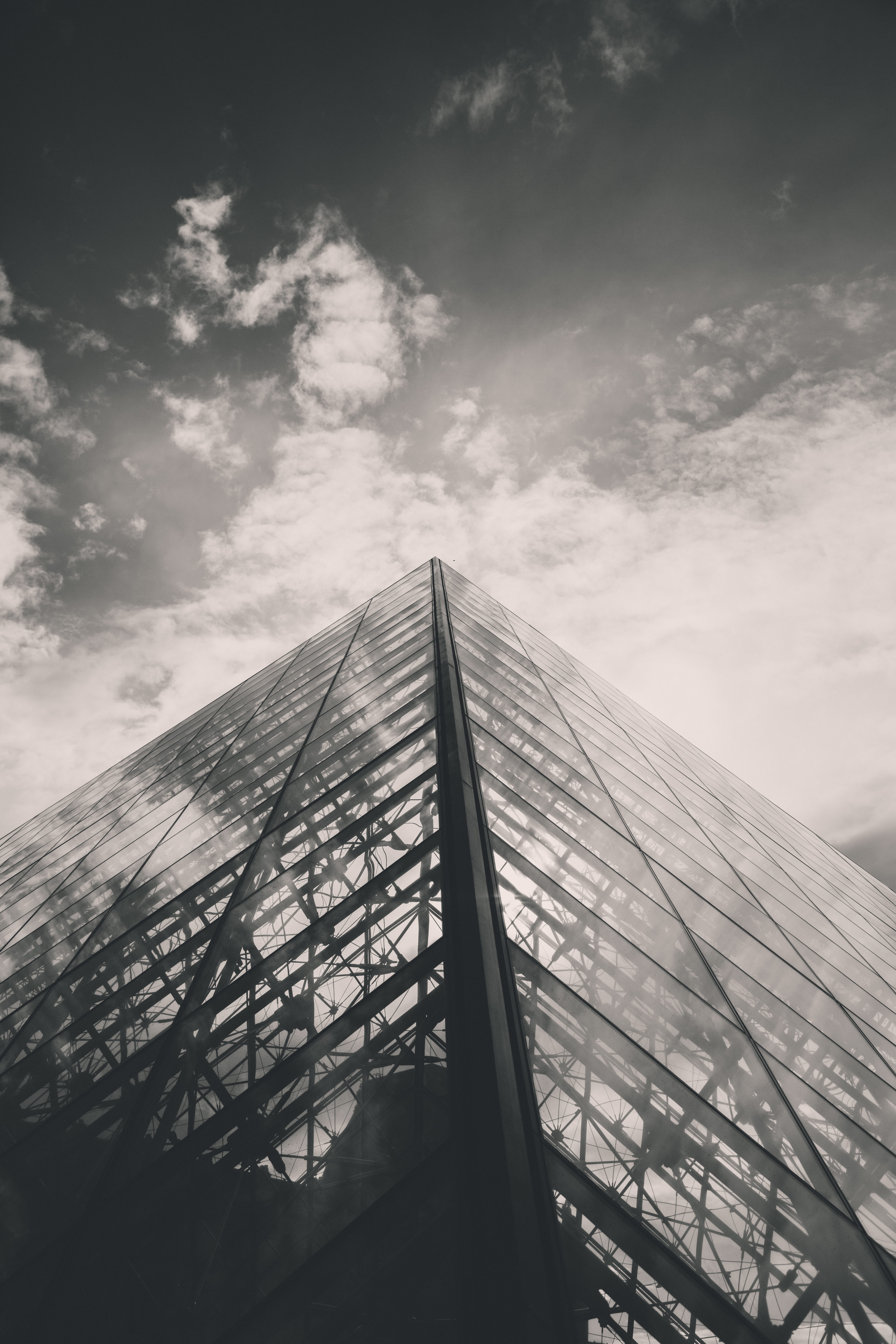 contemporary, sky, connection, painting, symbol, bridge, pyramide, france, paris, louvre, glass, no people, low angle view, cloud - sky, building exterior, Phone HD Wallpaper