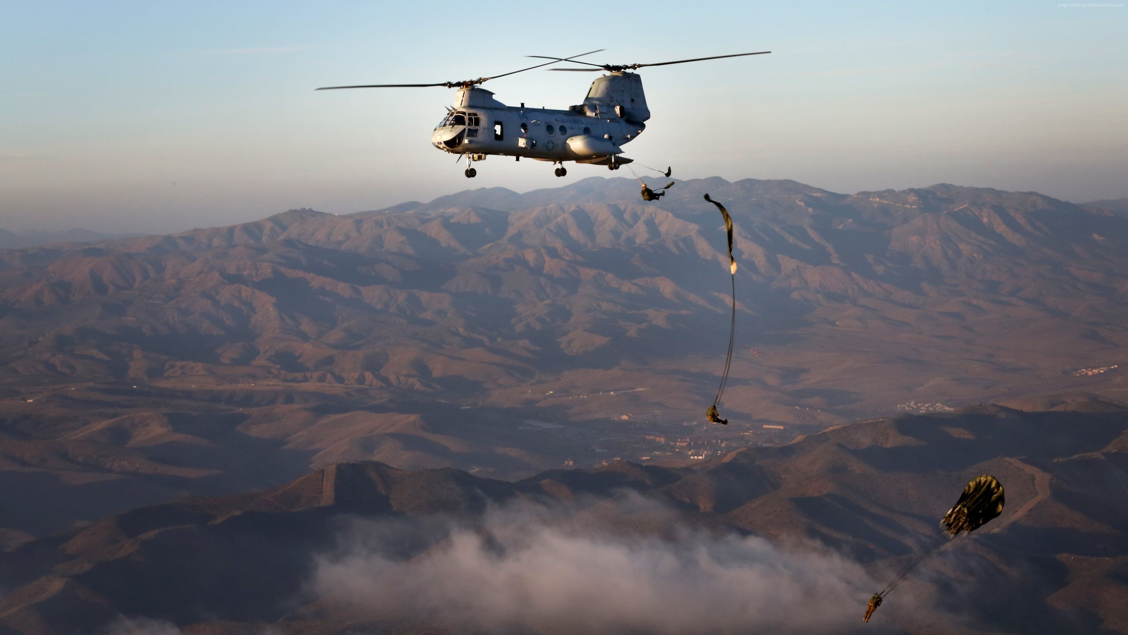 U.S. Marine, landing force, troops, CH-46, landing, сargo helicopter, 4K, Vertol, Boeing, Sea Knight, HD Wallpaper