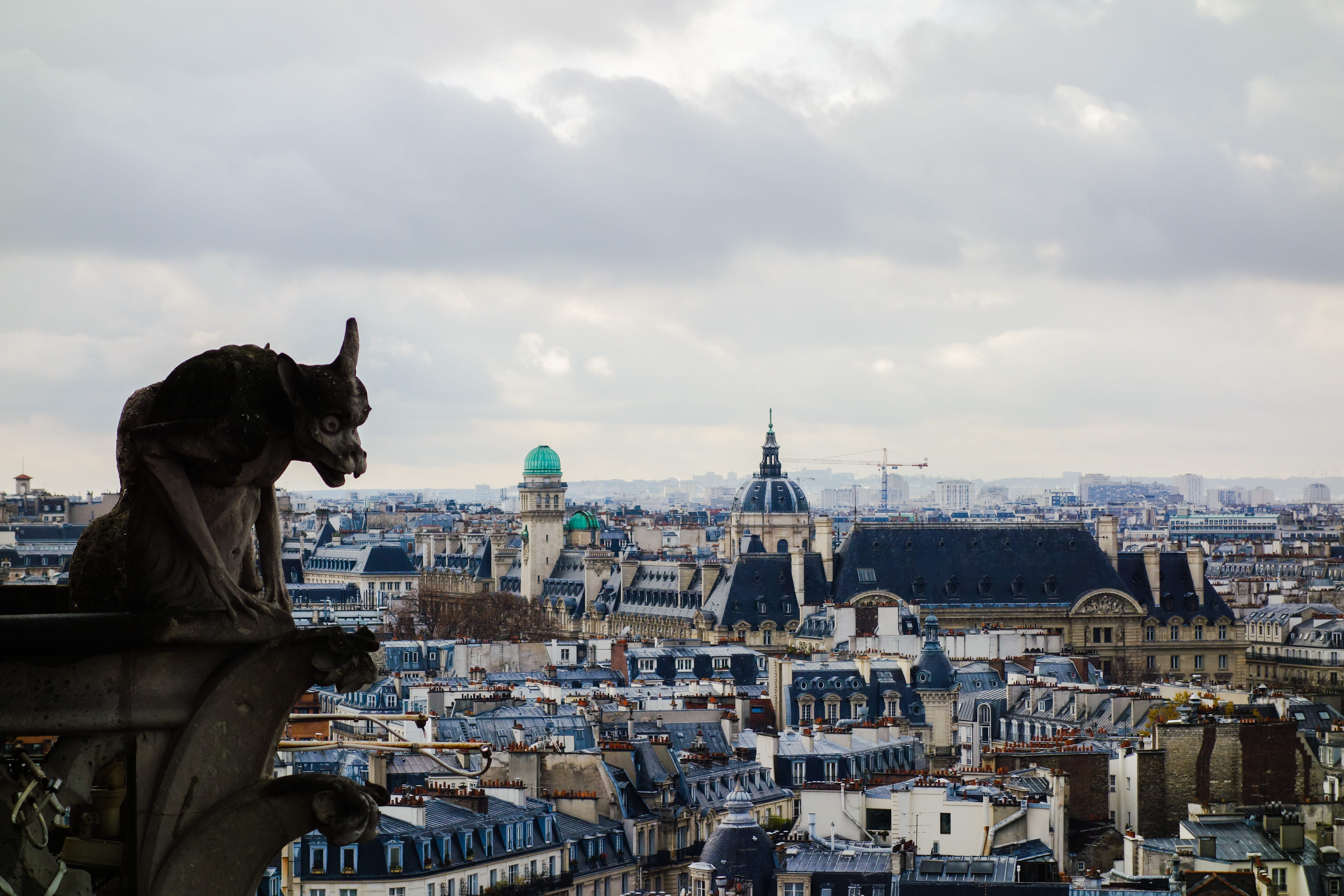 paris, statues, travel, dame, art and craft, buildings, sky, built structure, travel destinations, cityscape, city, gargoyle, catholic, building exterior, HD Wallpaper