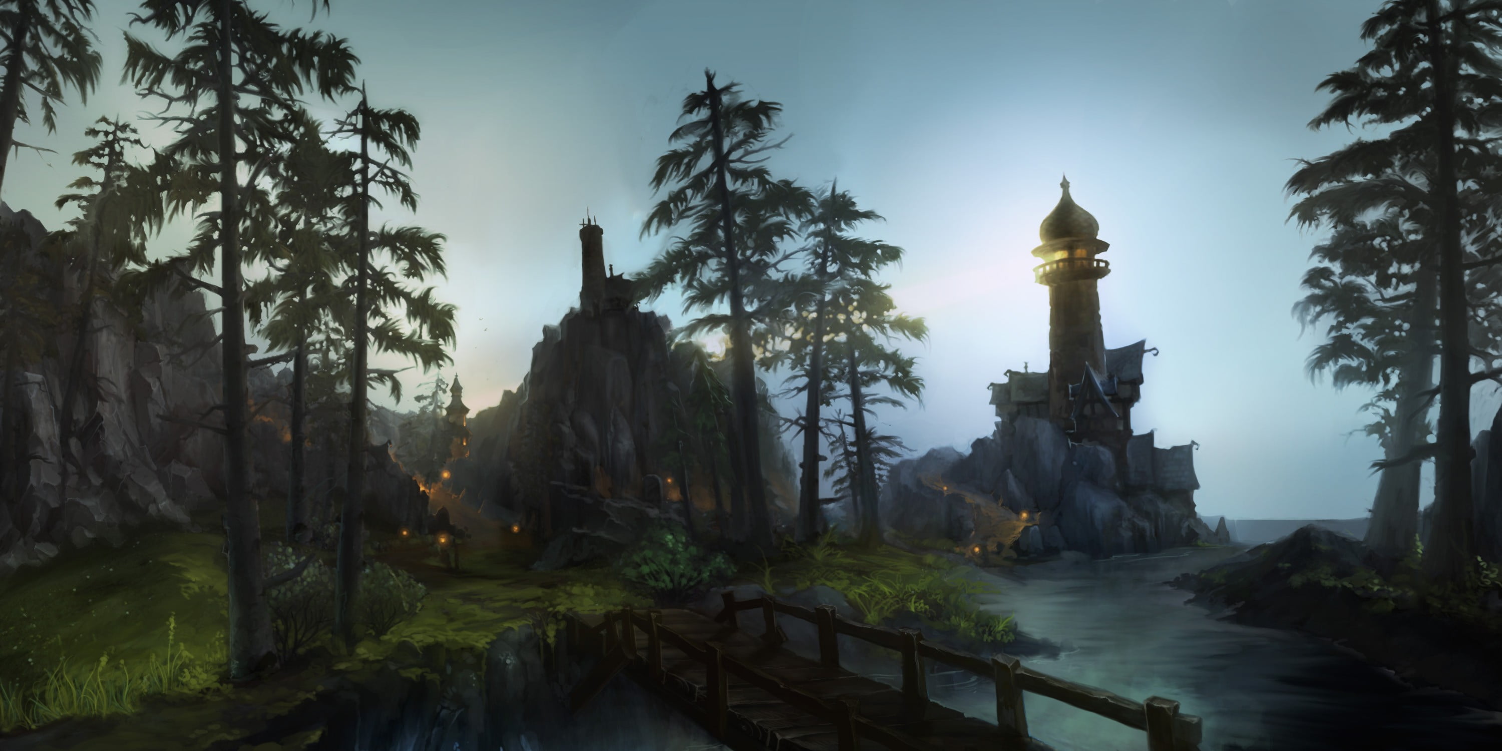 water, gray, history, Gilneas, ocean, building, outdoors, no people, two, 2K, World of Warcraft, nature, religion, building exterior, near, HD Wallpaper