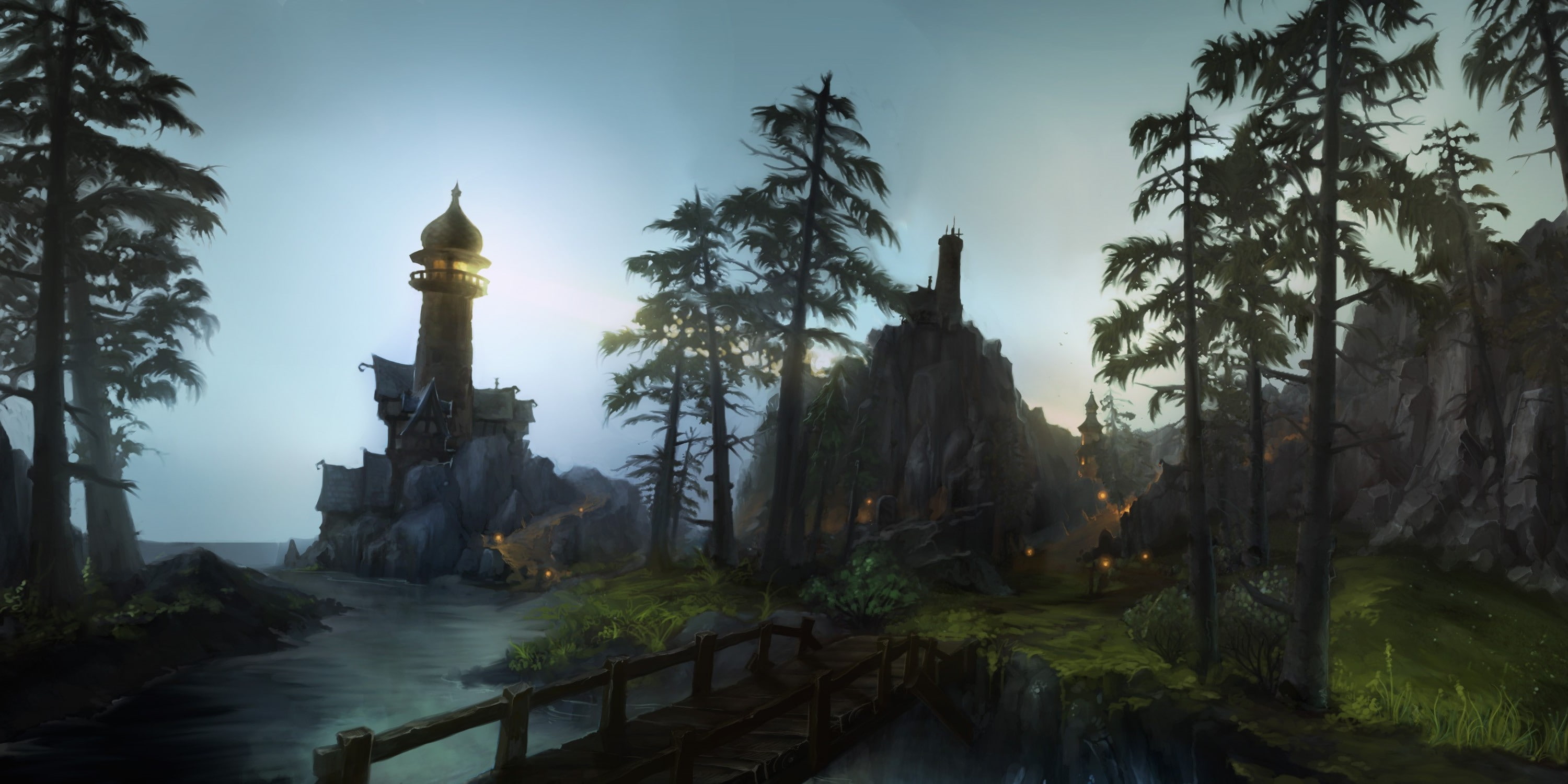 beauty in nature, outdoors, plant, world of warcraft gilneas, nature, place of worship, sky, river, building, water, 2K, religion, travel destinations, HD Wallpaper