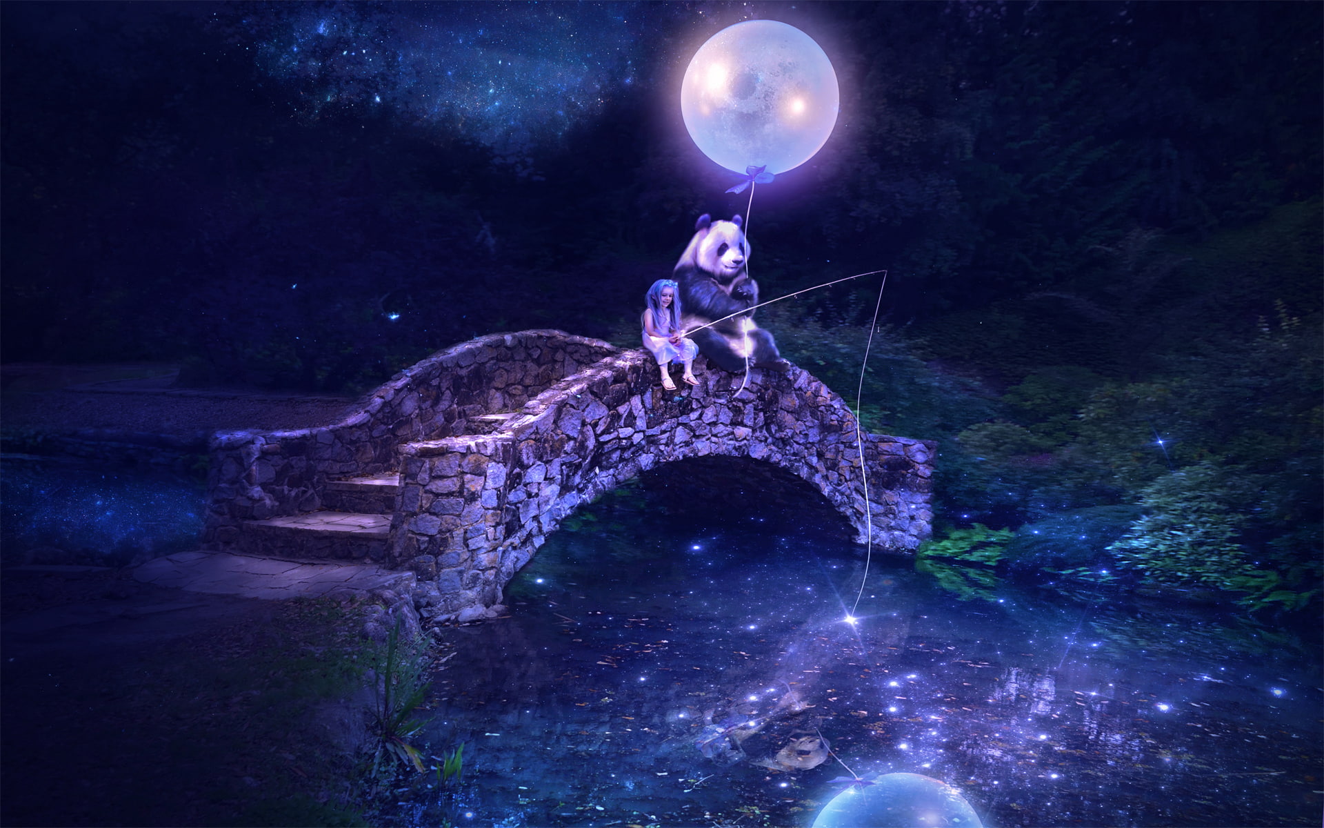 bridges, Girls, Panda, girl, fantasy, bear, Magical, world, Pandas, night, 1080P, Moon, Fantastic, HD Wallpaper