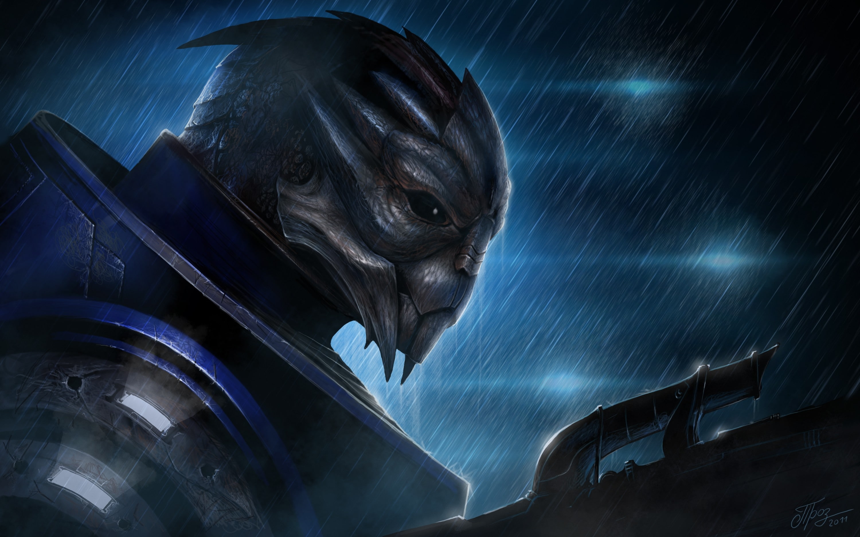 fantasy, wallp, prozorov, vakarian, artwork, art, hd, video, mass, x, effect, 2K, garrus, games, rain, dmitriy, Video Games, HD Wallpaper