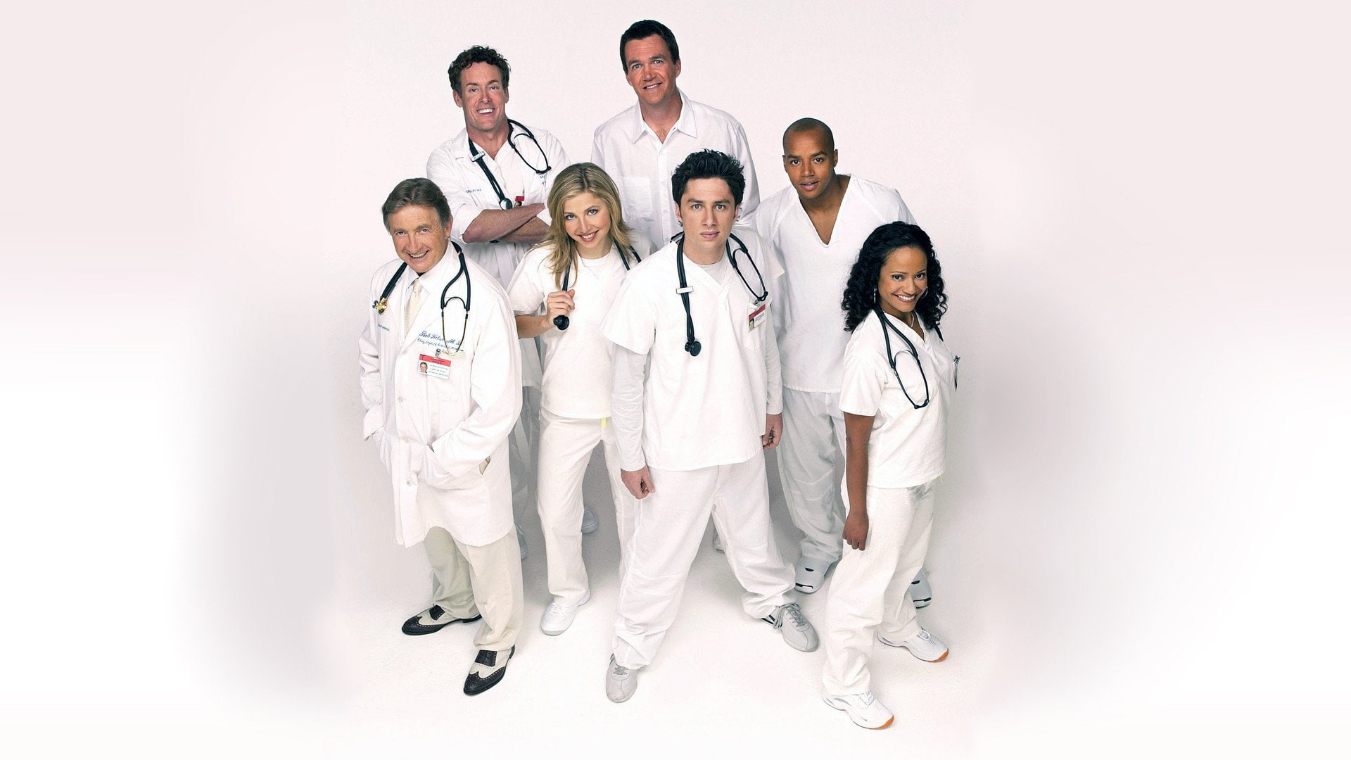 Donald Faison, Carla Espinosa, group of people, Elliot Reid, medical equipment, Ken Jenkins, John C. Mcginley, 1080P, Neil Flynn, Janitor (Scrubs), full length, HD Wallpaper