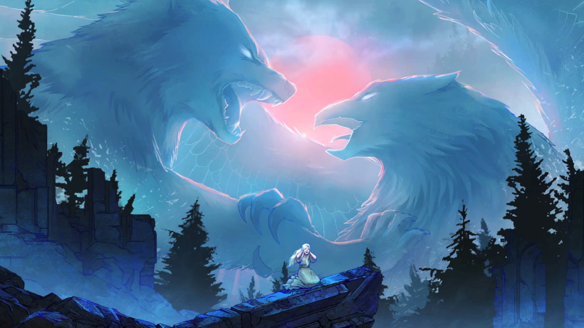 snow, eagle, digital art, wolf, spirits, homm6, griffon, 1080P, titans, HD Wallpaper