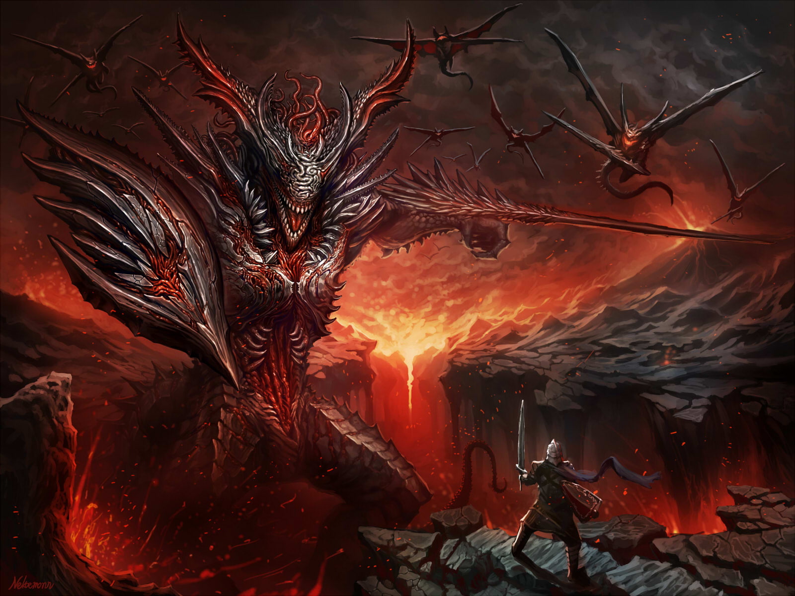 knight, monster, 720P, sword, hd, demon, fantasy, HD Wallpaper