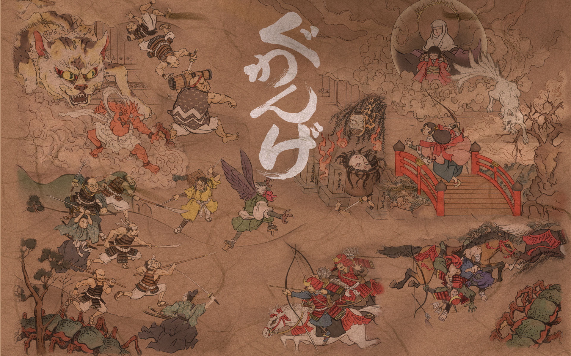 art, nature, full frame, paper, no people, 1080P, abstract, multi colored, high angle view, indoors, painting, representation, characters, samurai, spirit, HD Wallpaper