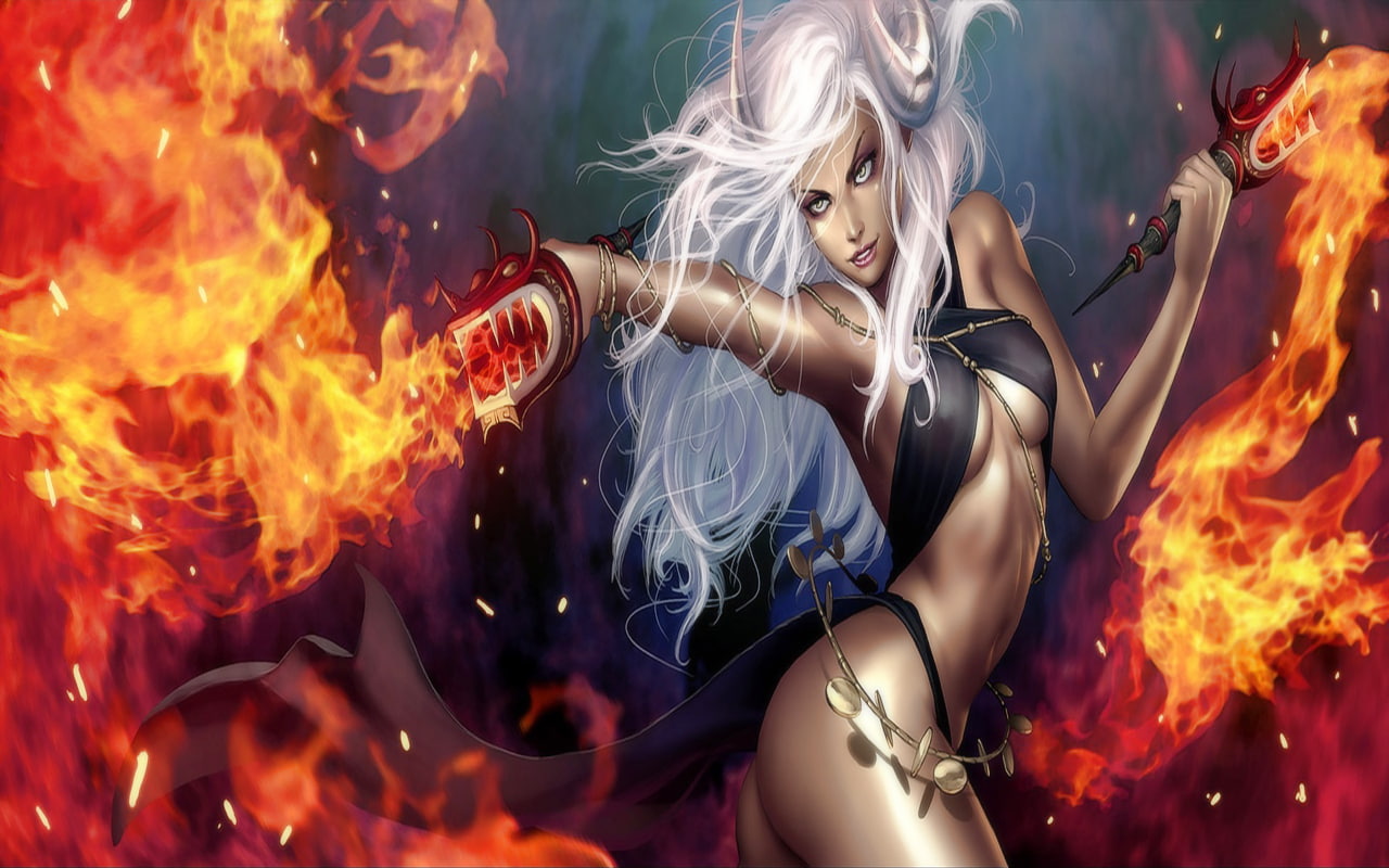 white, 720P, fantasy, graphics, hair, hd, cartoon, demon, women, HD Wallpaper