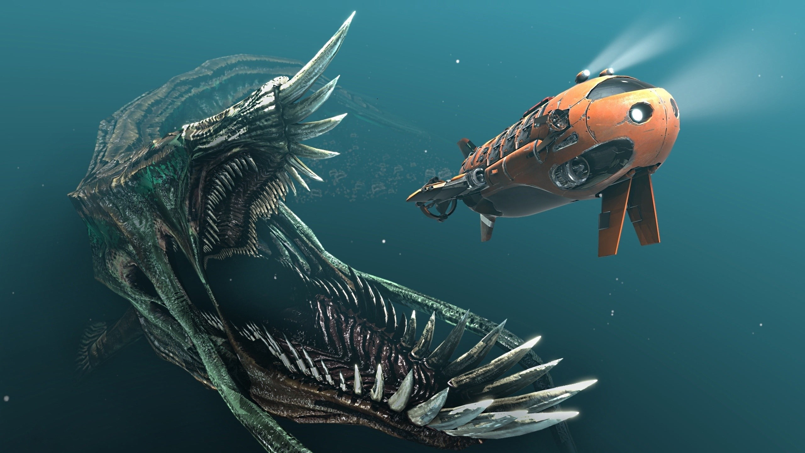 orange, monster, underwater, submarine, 2K, illustration, fantasy, hd, giant, HD Wallpaper