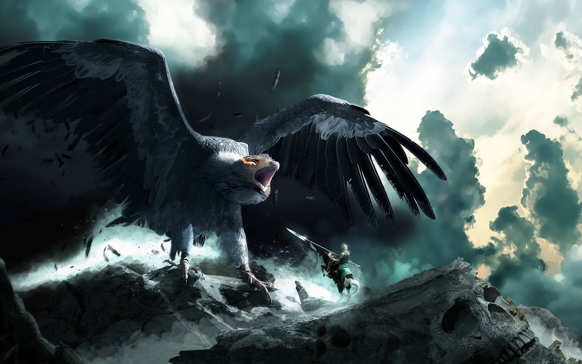 man, fantasy, knight, medieval, bird, drawing, horse, fighting, riding, big, artwork, giant, 1080P, hd, HD Wallpaper