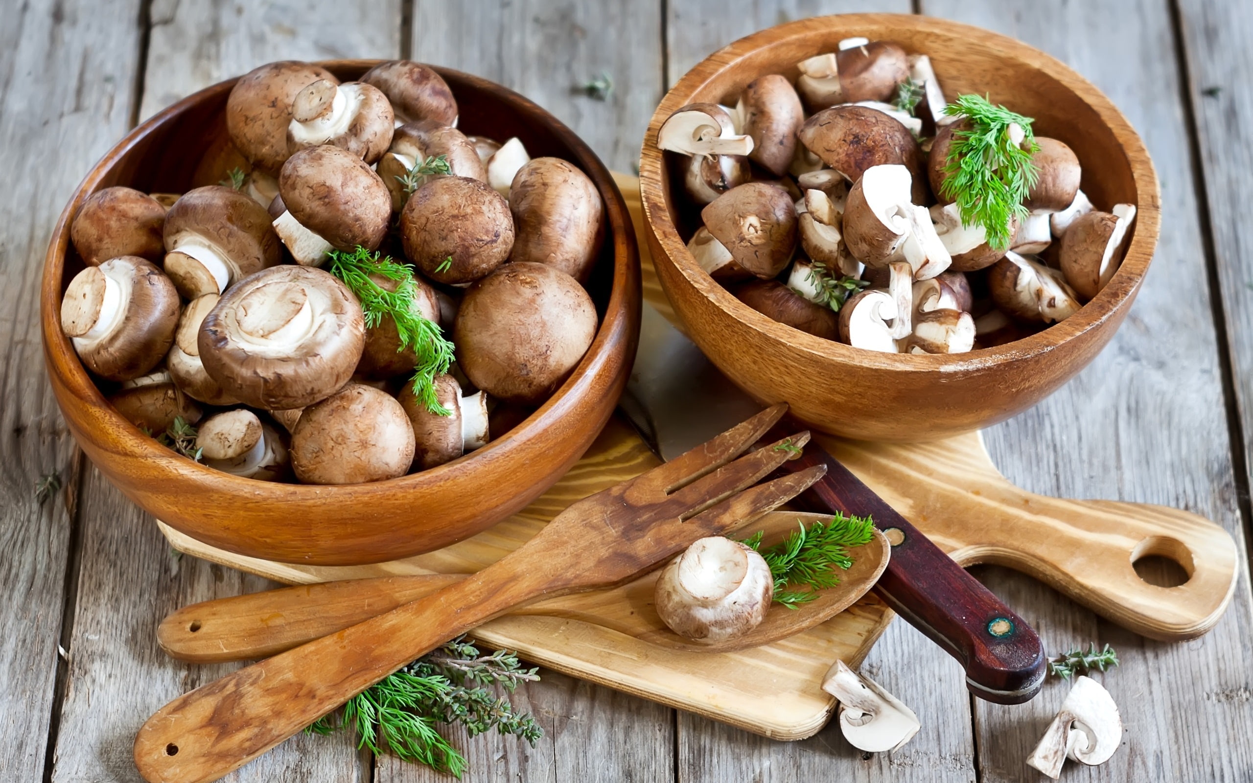 Knife, Food, Bowls, Mushrooms, 2K, HD Wallpaper