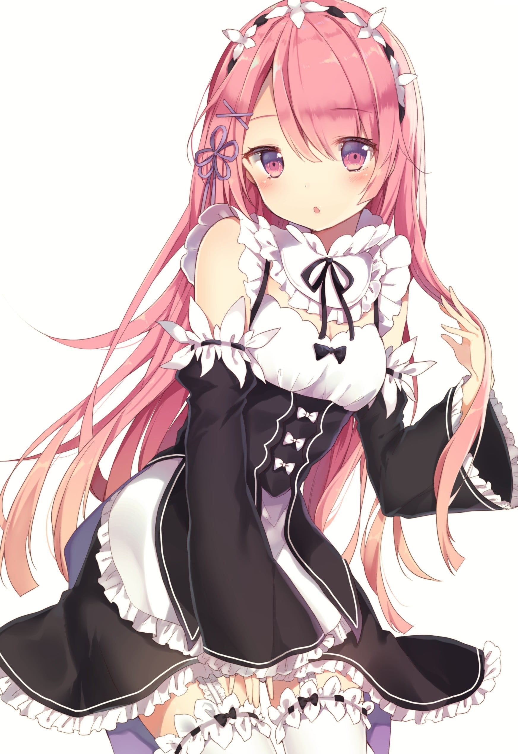 white background, beautiful woman, maid outfit, Ram (Re:Zero), pink hair, thigh-highs, shoe, female, casual clothing, maid, fashion, sweater, Re:Zero Kara Hajimeru Isekai Seikatsu, Phone HD Wallpaper