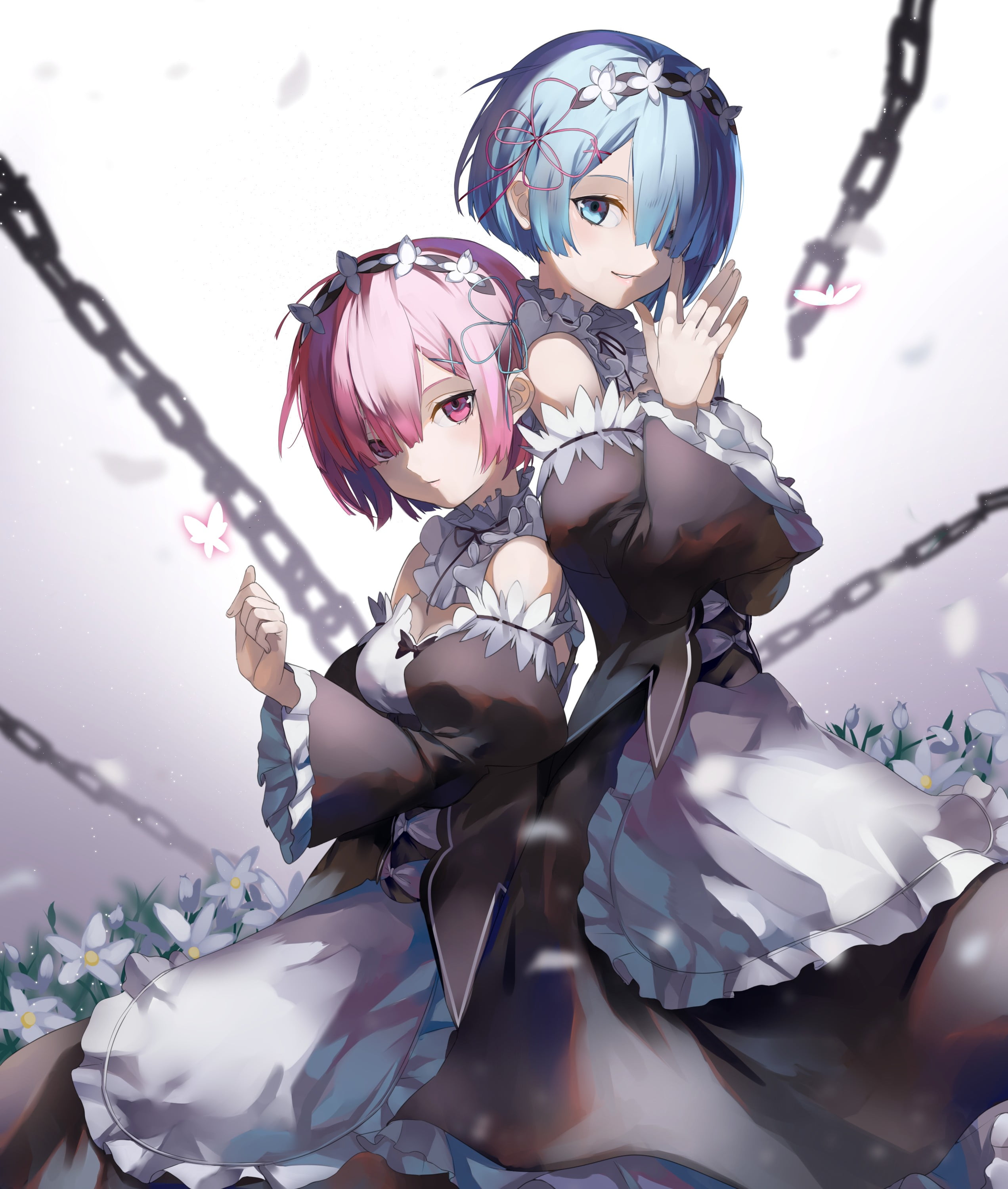 people, digital, nature, blue eyes, blue hair, maid, young women, cleavage, anime girls, pink, pink hair, Ram (Re: Zero), day, plant, low angle view, Phone HD Wallpaper