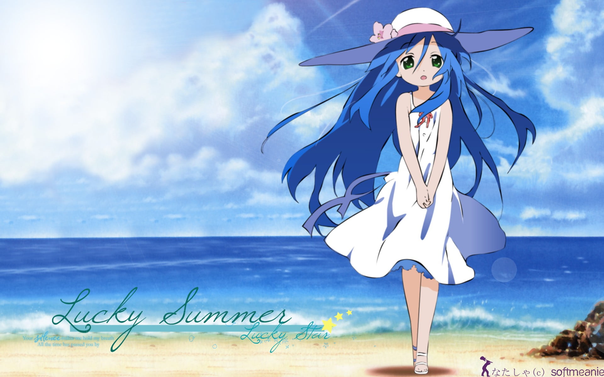 blue, day, horizon over water, nature, land, text, real people, western script, women, hat, cloud - sky, blue hair, lifestyles, sea, Izumi Konata, sky, HD Wallpaper