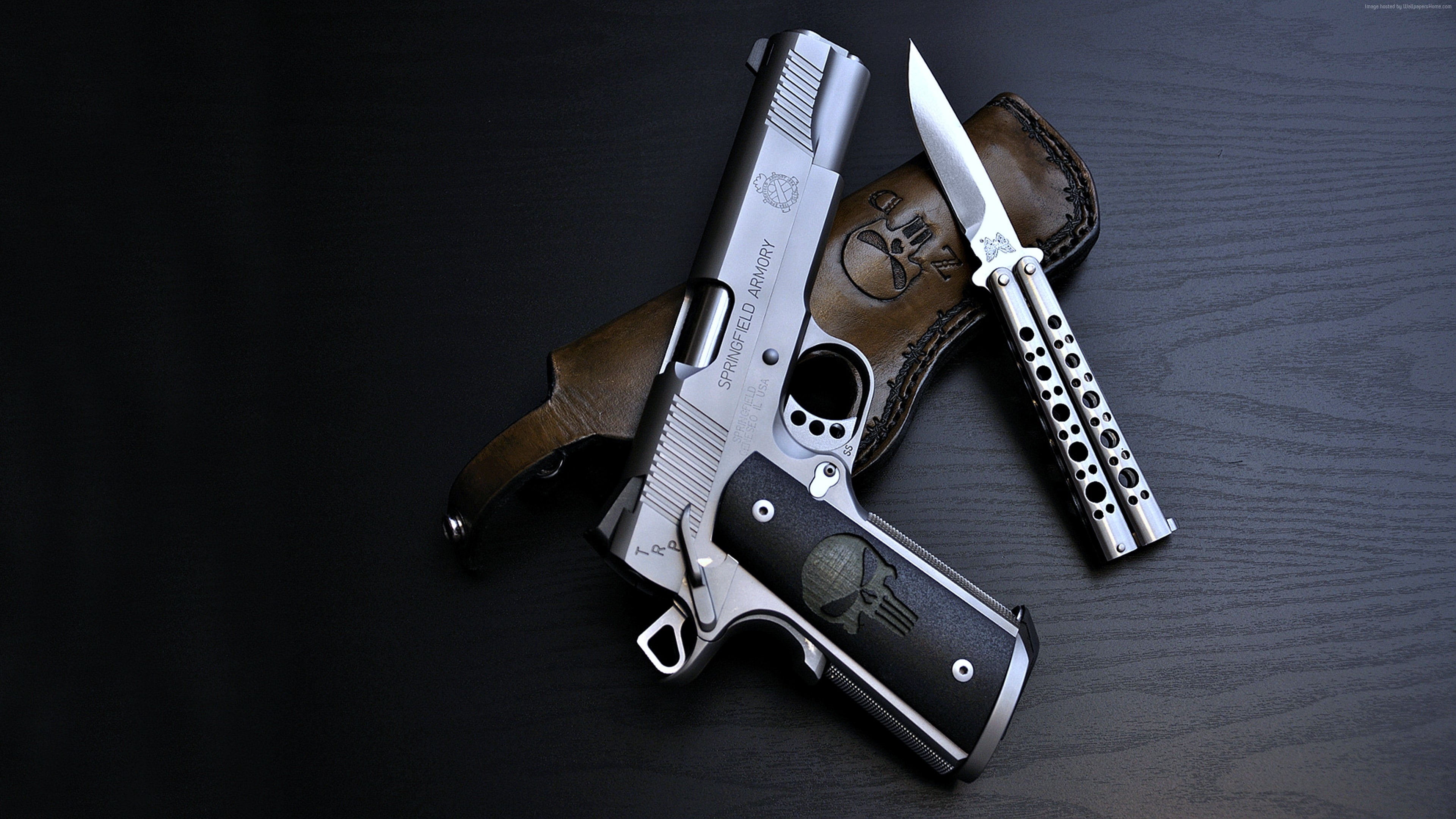 4K, balisong, Springfield 1911, Pistol, HD Wallpaper
