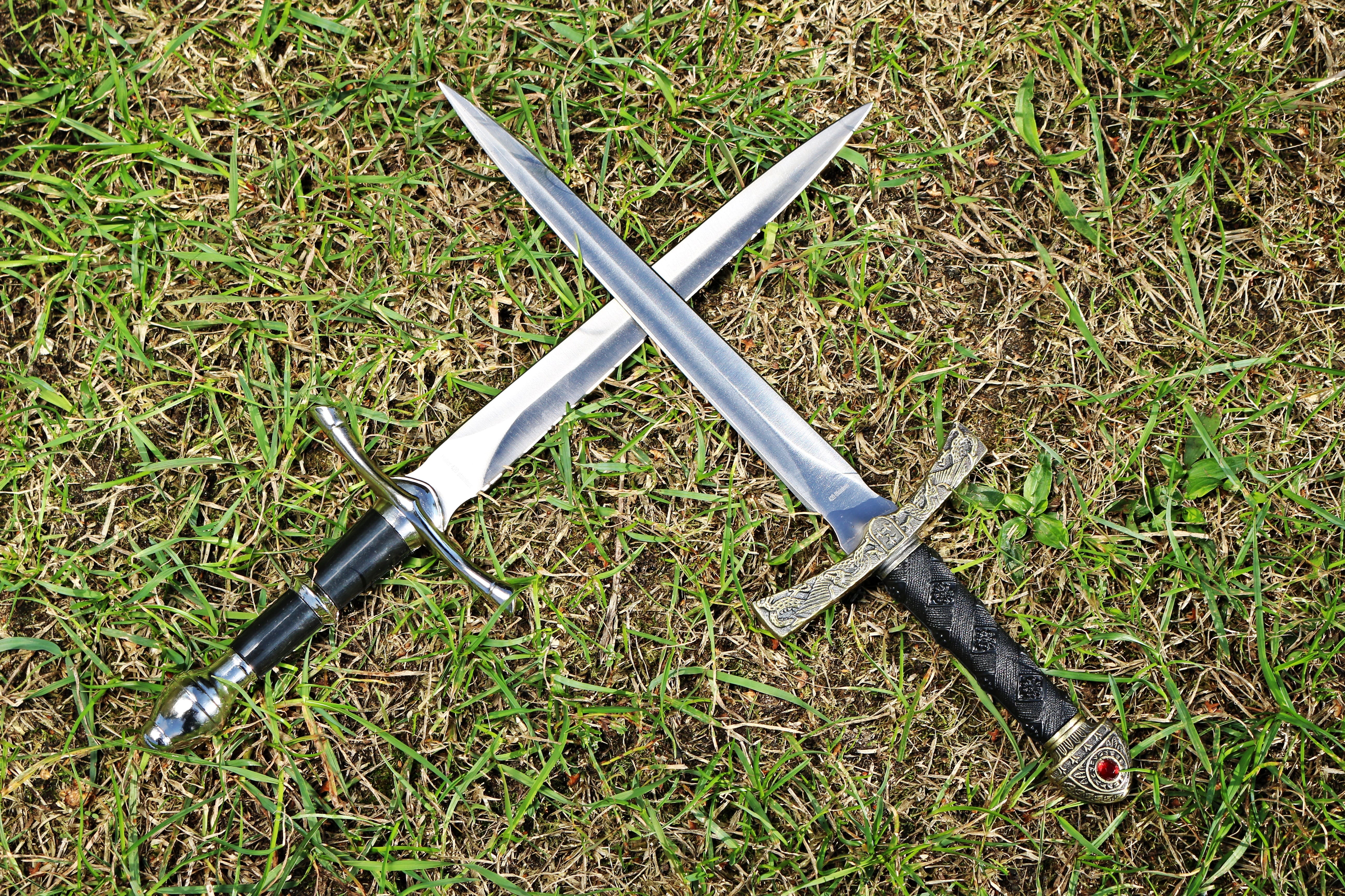 plant, Weapon, Metal, day, work tool, sword, single object, no people, high angle view, sign, knife, Knife, close-up, alloy, steel, land, sharp, 5K, metallic, HD Wallpaper