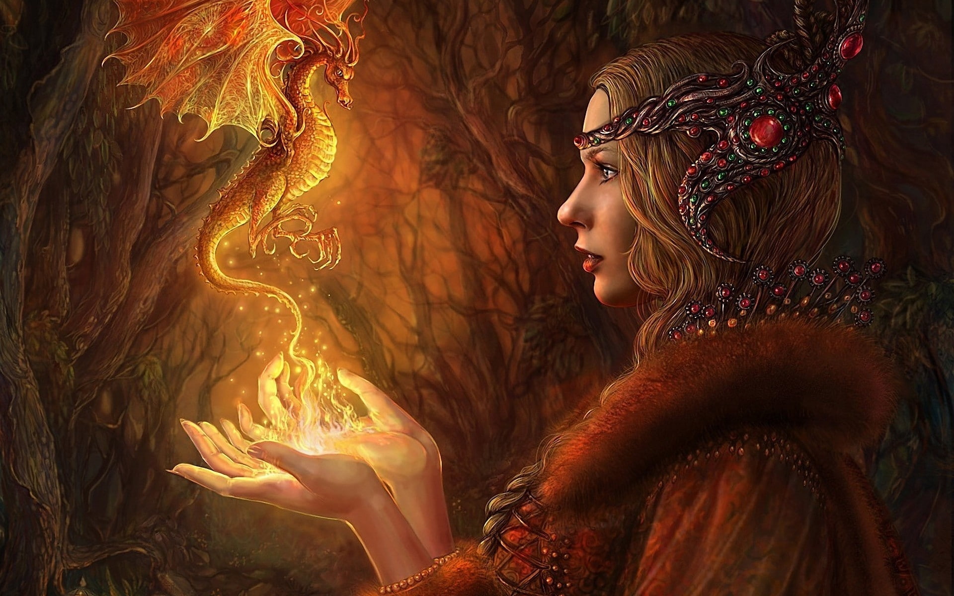 magic, baby, woman, fire, ornaments, dragon, illustration, wood, 1080P, girl, lights, HD Wallpaper