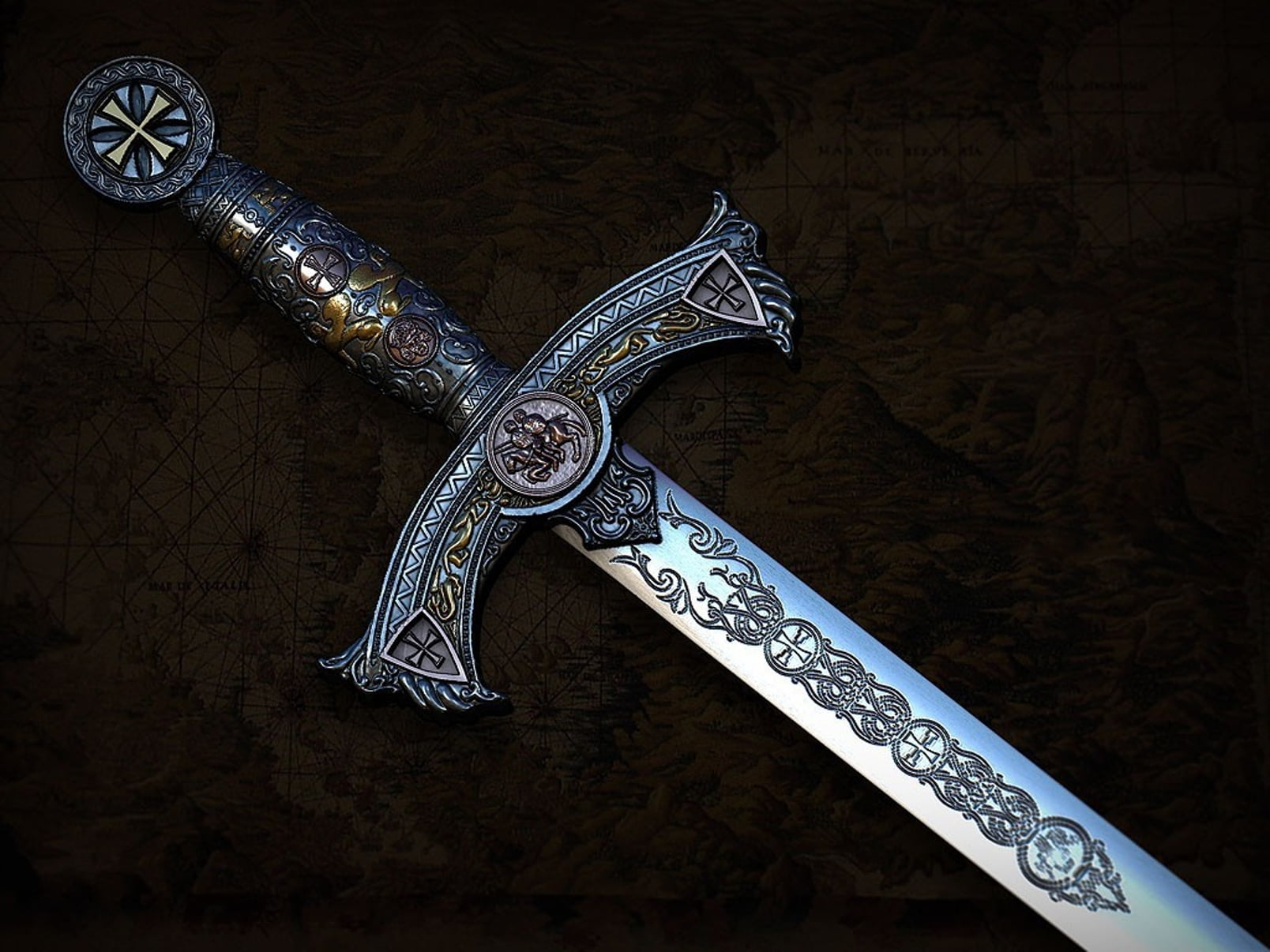 still life, close-up, creativity, sword, old, silver, ornate, communication, religion, art and craft, text, silver colored, indoors, history, 720P, antique, HD Wallpaper