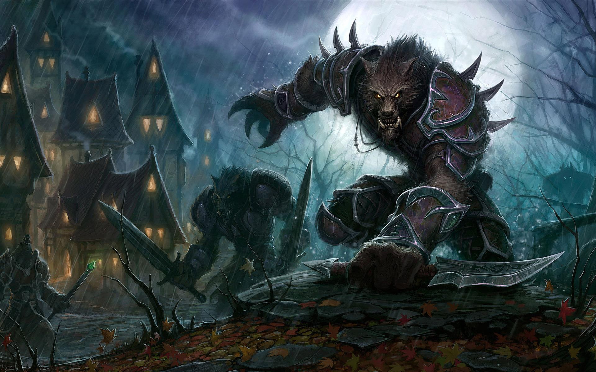 hunting, games, beasts, fangs, swords, 1080P, prey, wolves, rain, knives, canines, video games, weapons, anime, buildings, HD Wallpaper