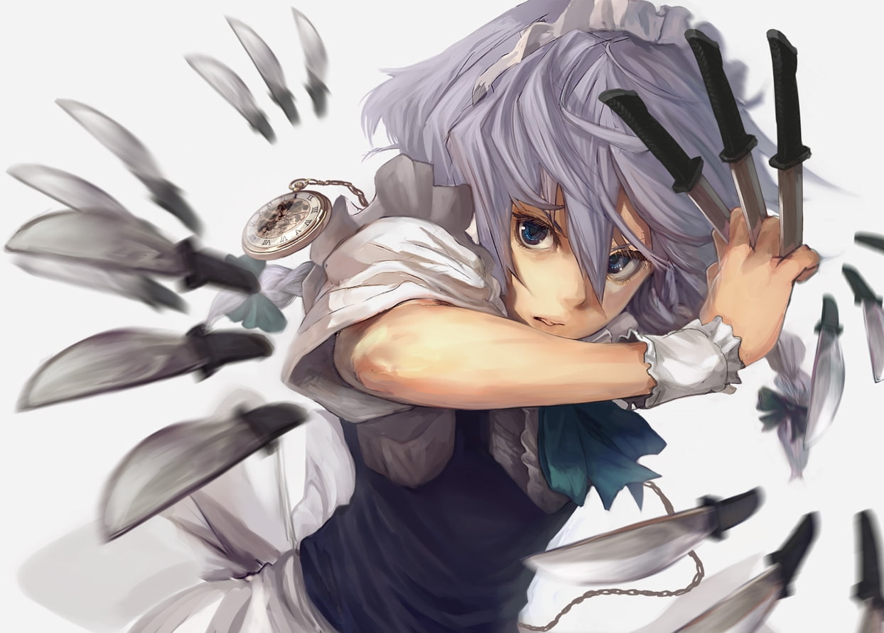 izayoi, hair, gray, 480P, x, hd, hot, Touhou, anime, knives, sakuya, art, maids, band, HD Wallpaper