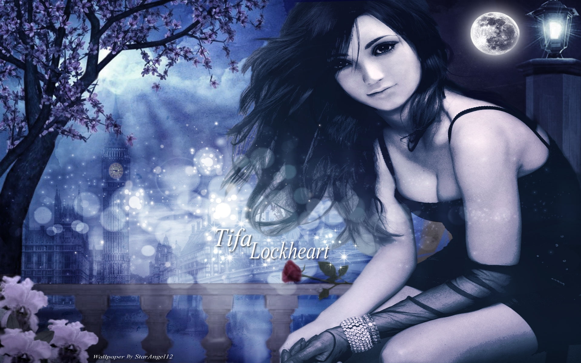 art, fantasy, ffvii, beautiful, Moon, tifa, night, lockheart, 1080P, Light, london, final, hd, anime, HD Wallpaper