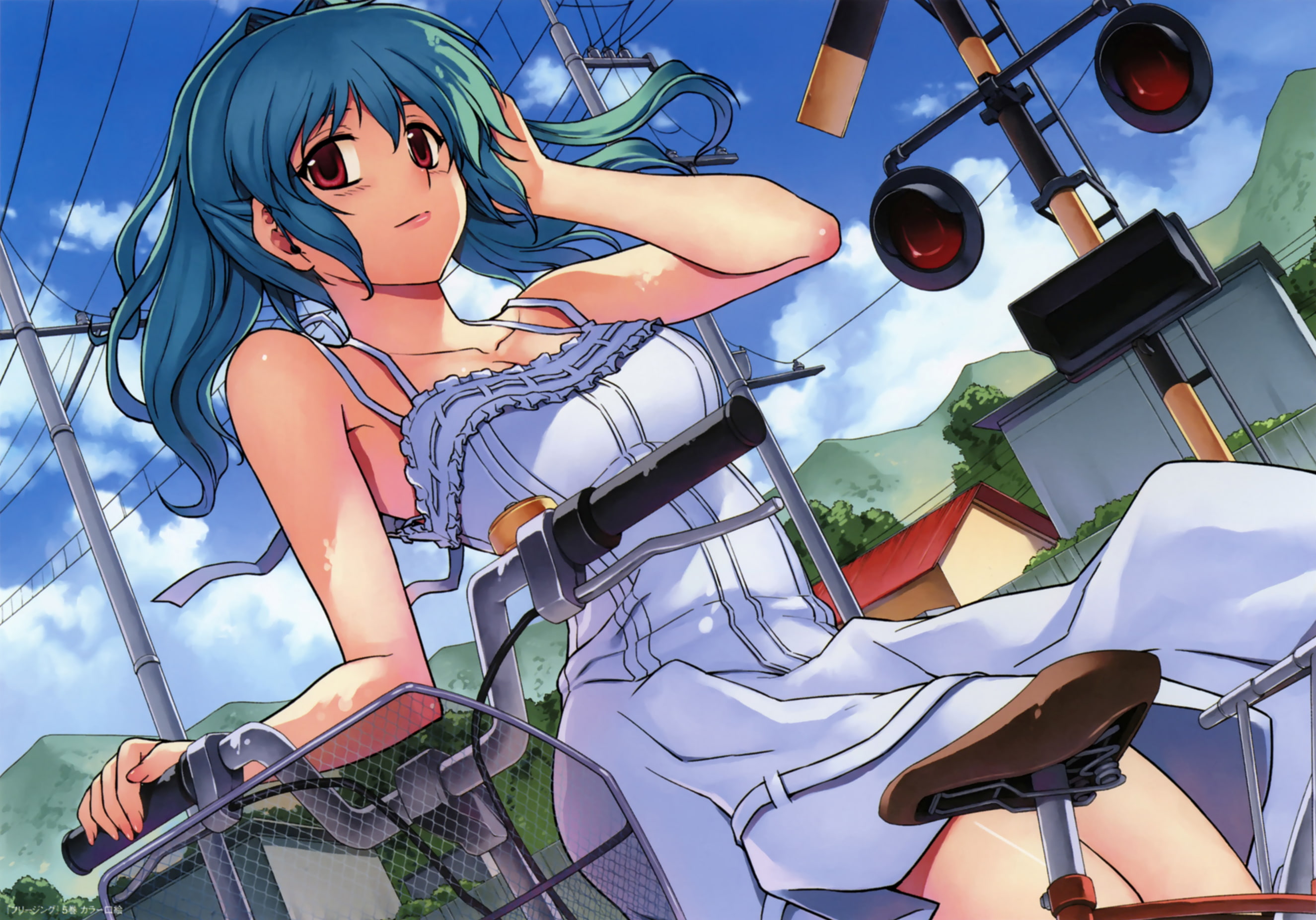 2K, summer, lockheart, freezing, eyes, cassie, kim, scan, dress, red, bicycle, kwang hyun, HD Wallpaper