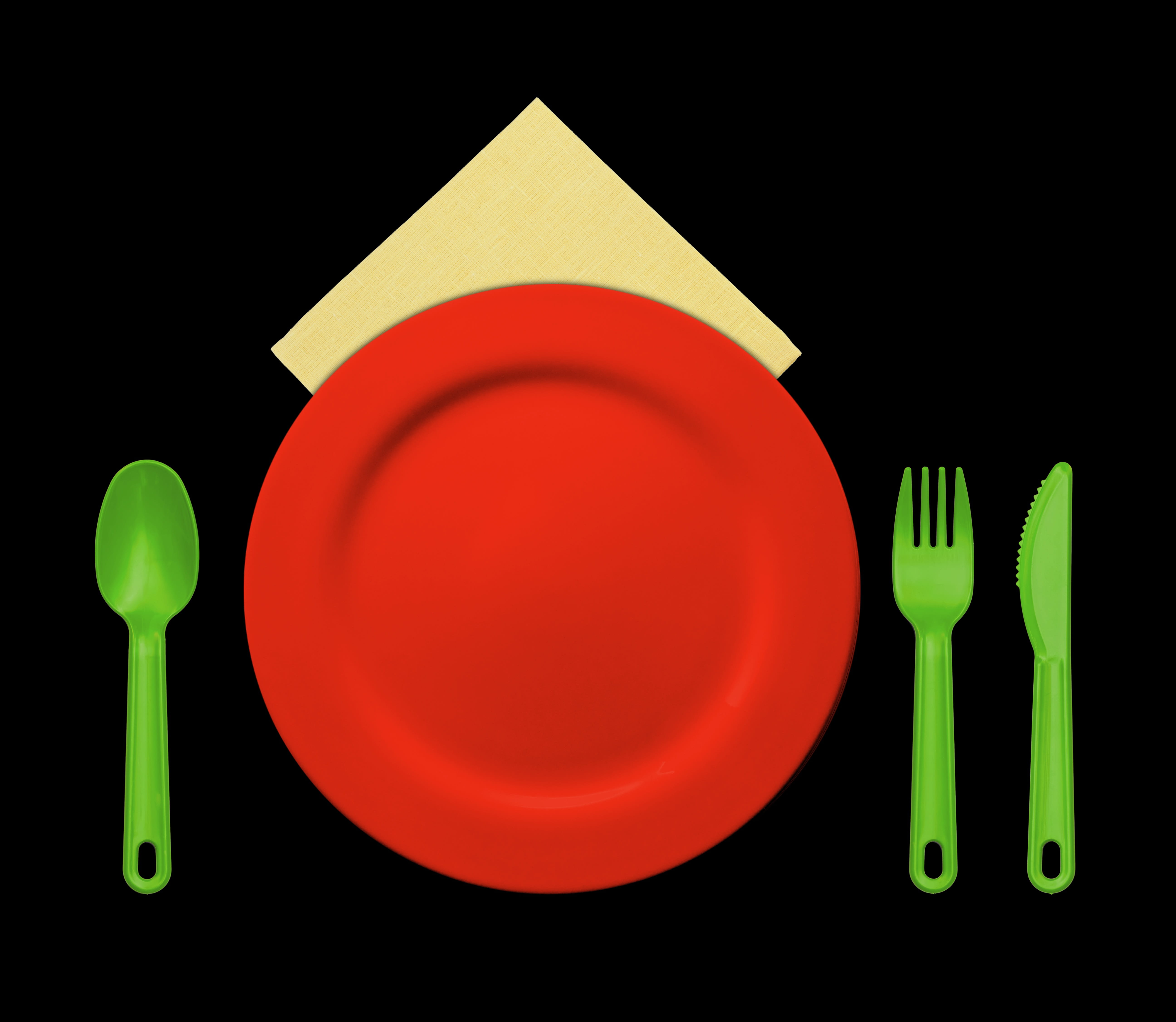 red, circle, setting, plate, place setting, small group of objects, empty plate, black background, knife, studio shot, silverware, spoon, black color, no people, HD Wallpaper