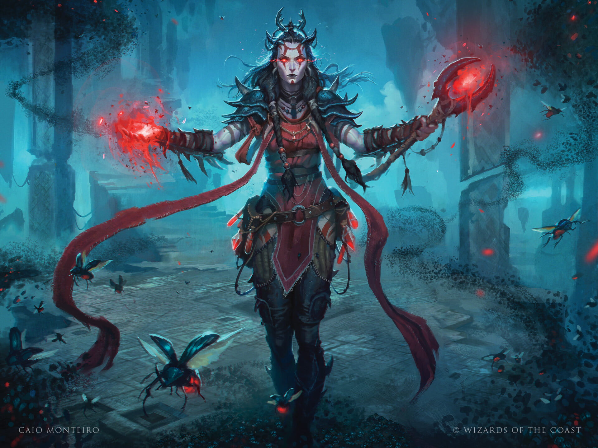 insect, magic, Caio Monteiro, artwork, glowing eyes, 1080P, fantasy art, standing, red eyes, ArtStation, dark hair, fantasy girl, HD Wallpaper